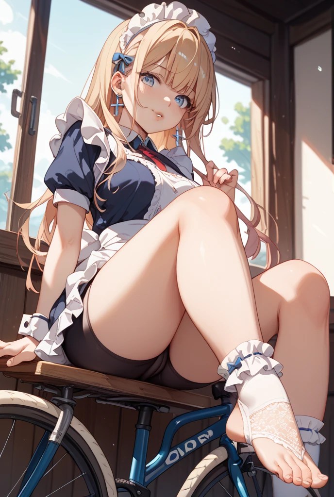 masterpiece, best quality, very aesthetic, absurdres, 1girl, Kitagawa marin, sono bisque doll wa koi wo suru, red eyes, medium breasts, long multicolored blonde hair to red gradient hair, swept bangs, both earrings and several piercings, (including an industrial piercing), a black collar or black lace choker, bracelet, necklace, consisting of a tied white collared dress shirt, blue or grey necktie, blue plaid pleated miniskirt, black ankle socks, brown loafers, sitting on seat, in train, spread apart, panties, blush, from below, key visual, highly detailed, looking at viewer, full body