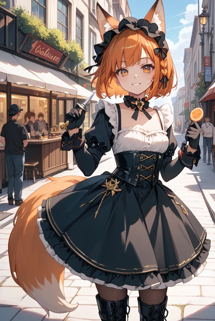 (masterpiece, detailed shadow, detailed lighting), best quality, expressive eyes, perfect face, fox girl ((working in a run down market stand))? Red detailed hair, expressive blue eyes, sad expression, (Medival vendor  clothes), selling appels, best view angle, 