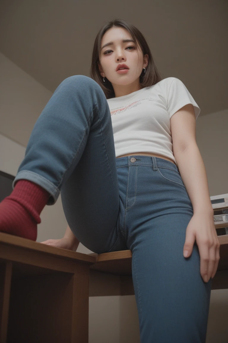 (1girl), adult, large breast, white sweater, no bottom, smooth white skin, long wavy black hair, glasses, gorgeous face, smooth thighs, masterpiece, sharp detail, 8k, full body, view from below, spreading the legs wide open, raising the legs, coming between the leg, no underwear