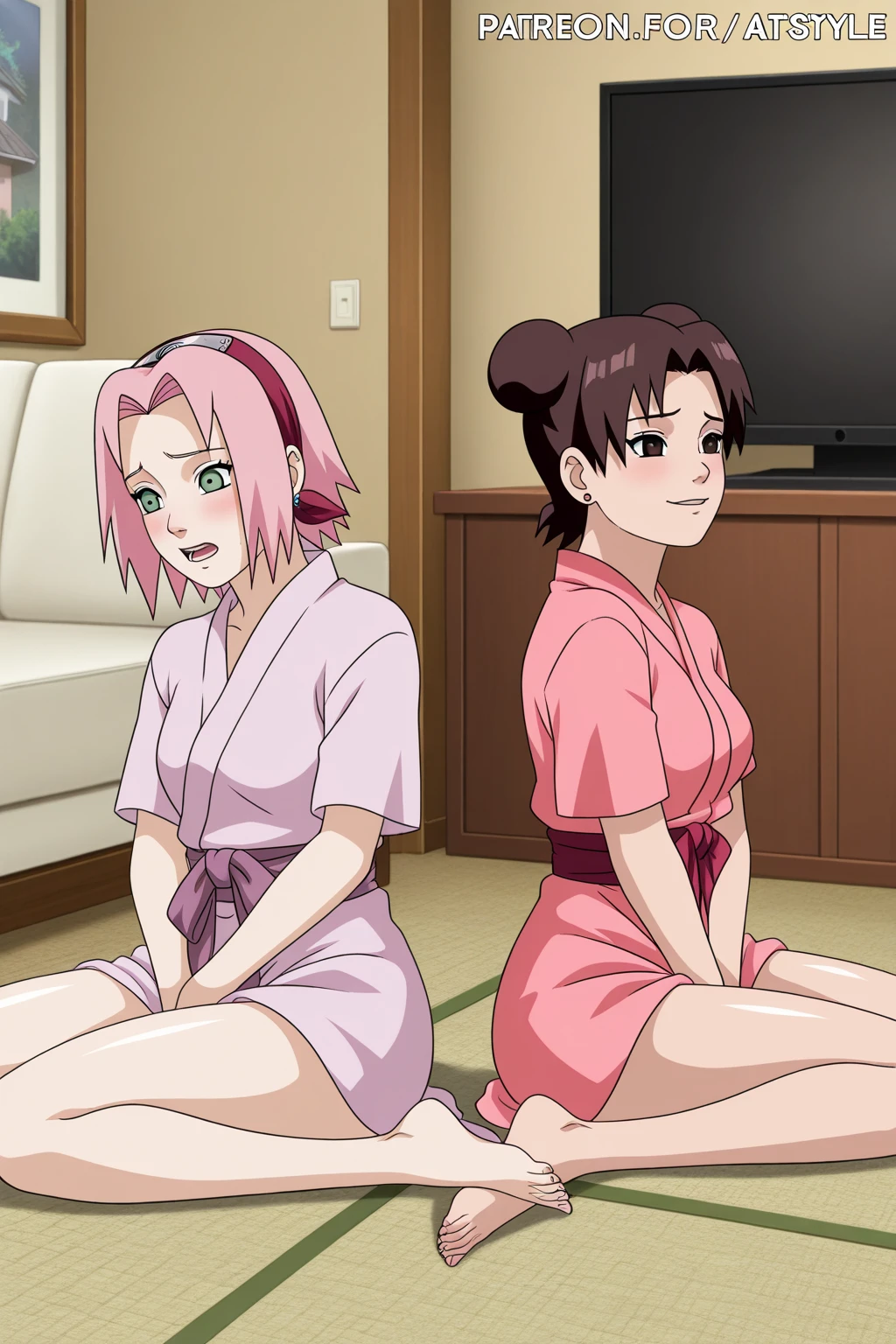 a comic strip with three women in white robes and one is wearing a white robe, bleach manga style, black-white skintight robes!, in a dojo, wearing white robes!, wearing simple robes, kunoichi, colored manga panel, inspired by Baiōken Eishun, color manga panel, clad in robes, dressed in white robes, in robes, white robes, clothes fall off, lesbian orgy, big boobs, big ass,