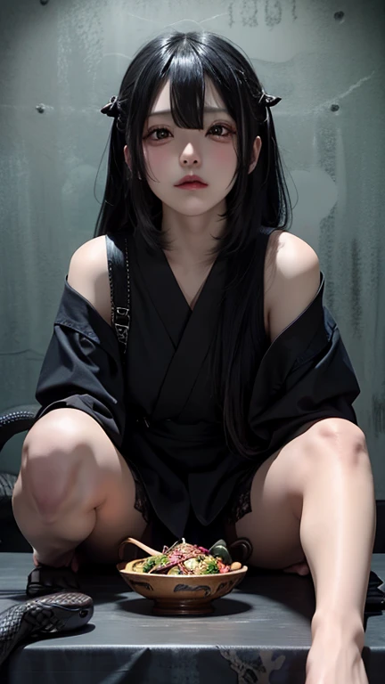 there is a woman sitting on the floor taking a photo, She has black hair with bangs, cruel korean gothic girl, gothic girl aesthetic, gothic aesthetic, 1 gothic girl of 21 years old, 1 21 year old goth girl, seductive and provocative pose, with black hair, the girl is crouching, pale gothic beauty