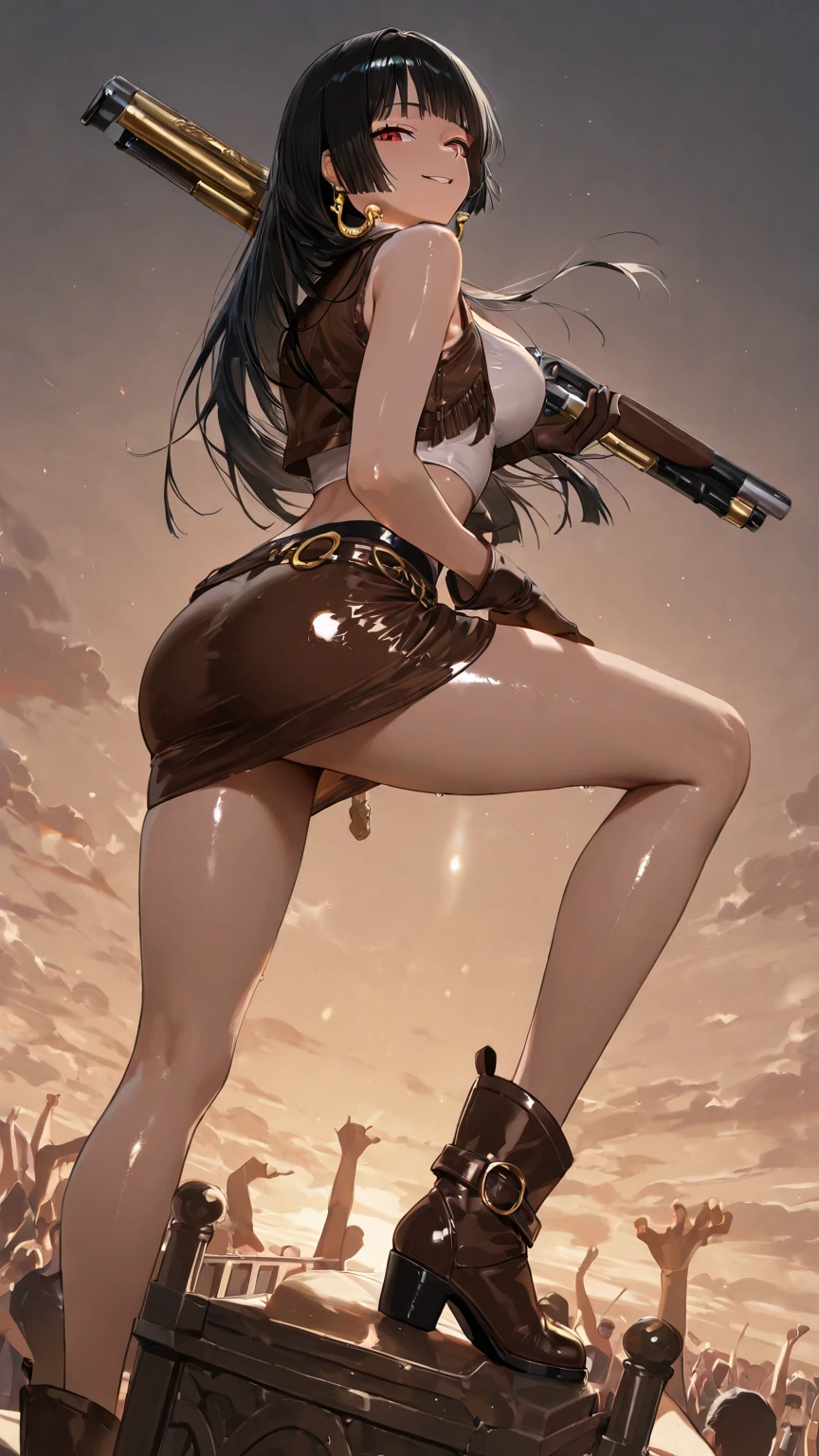 female full body character in sensual shape, wearing a skirt and belt with ammunition and a short top and long hair and long legs