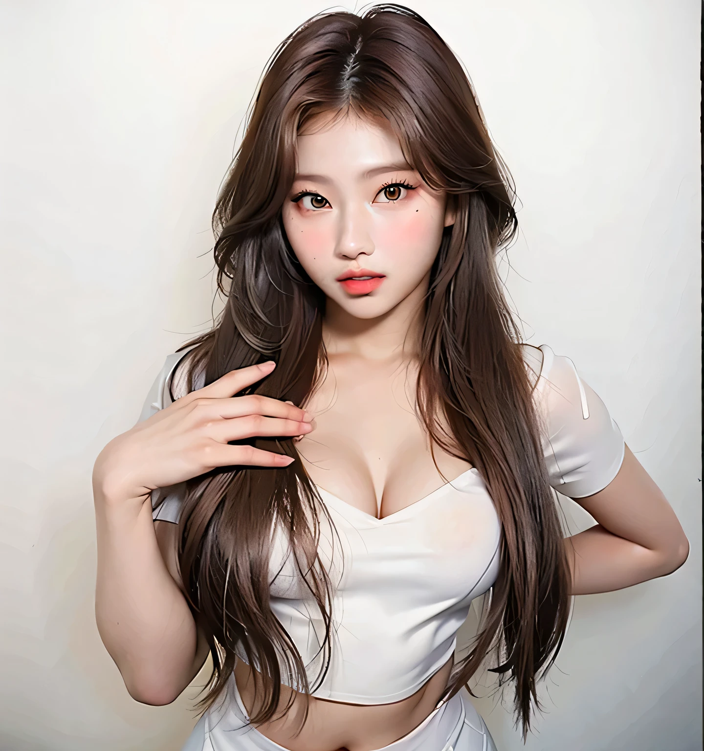 Top image quality、Raw photography、超A high resolution、18 year old cool Korean、big round chest、camisole、skirt by the、Beautiful Eyes of Details、very elongated eyes、Beautiful eyelashes、Beautiful double eyelids、eyeshadows、耳Nipple Ring、a closeup