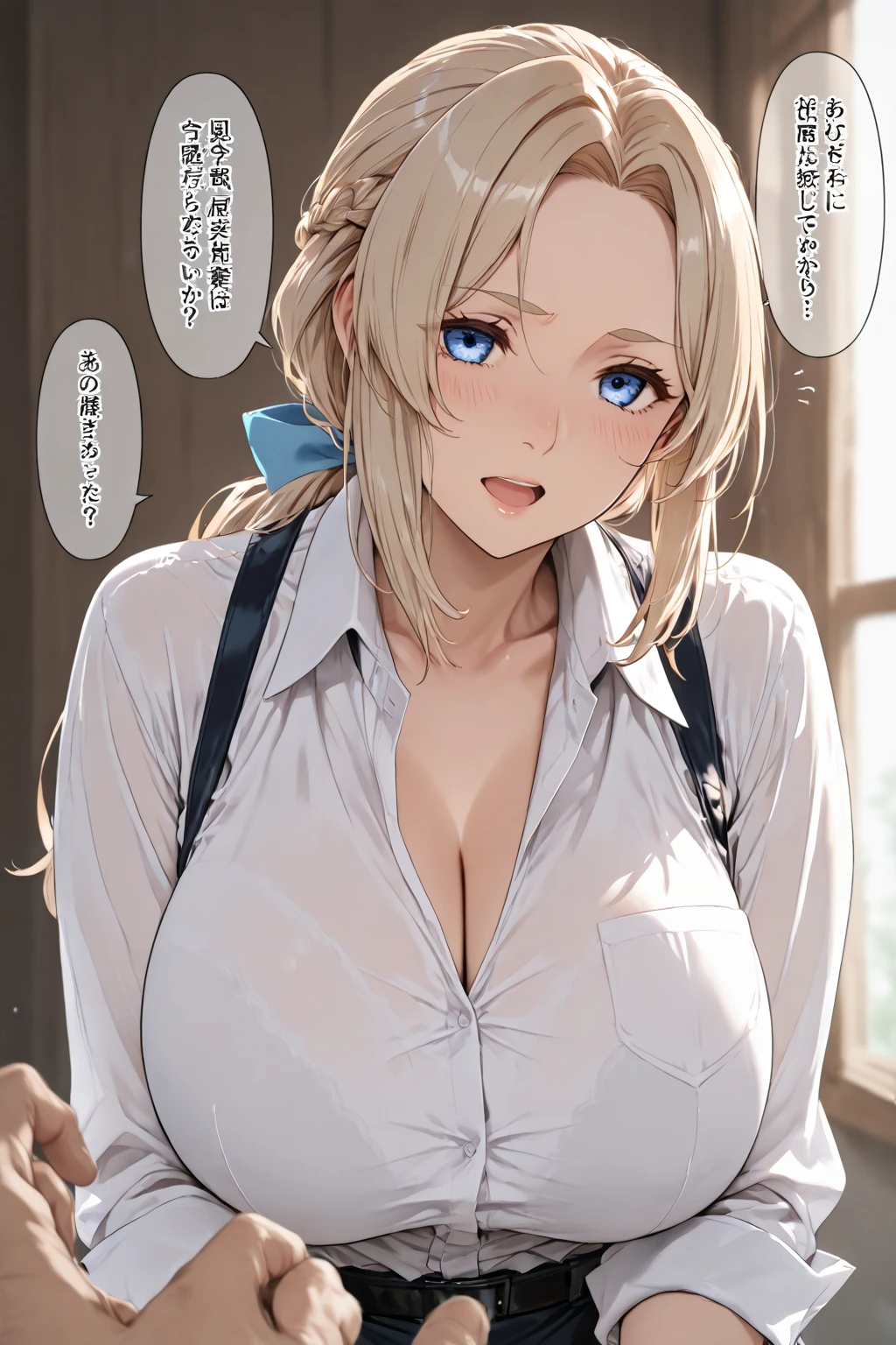 Beauty,Around 20 years old,
((Blonde)),
((漆blackの瞳)),
(Semi-long hair:1.7),
(expression:smile),
(Squint your eyes),
Big Breasts,
Cleavage:cover,
Tilt your head 15 degrees,
((business suit:Waist wrap)),
((Dress shirt:Rolled up sleeves)),
((Slack Pants:No wrinkles)),
((blackのスカーフ:Striped pattern)),
((Rose headband:black)),
((Equipped with a Japanese sword:blackの鞘:Long sword)),
((Magazine holster on waist)),
(Plain background:grey:1.5,ID photo),
4K,
high quality,
Highest quality,
Delicate shades,
Detailed depiction,
Depict the whole,
Facial Contour,
Perfect body structure,
Perfect skeleton,
Perfectly symmetrical eyes,