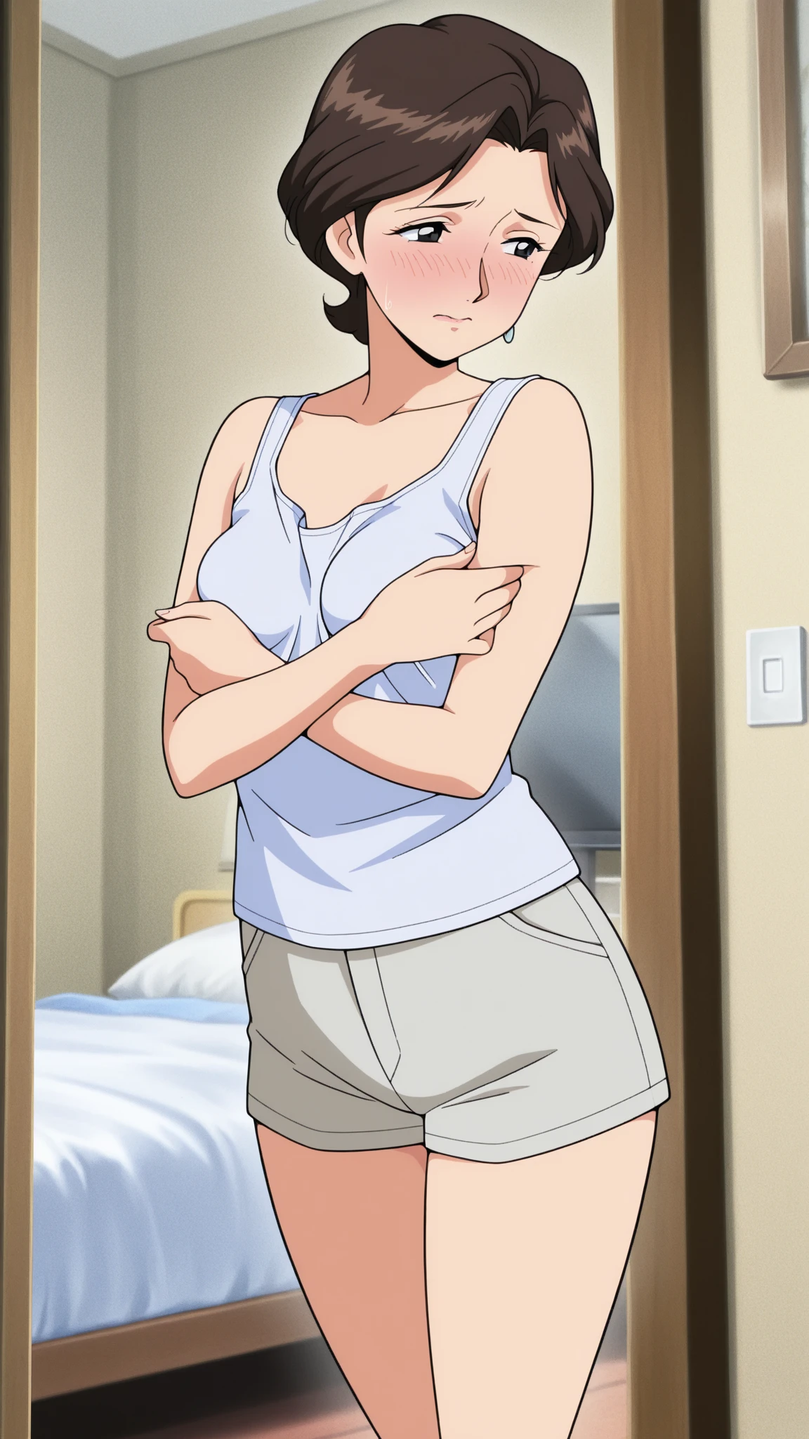 ((((masterpiece, best quality)))), ((26 year old)), ((((Japanese woman with long black hair))), in ((white tanktop)), ((((white high cut panties)))), (((Large Hips))), ((standing in a messy bedroom)), (smiling), (blushing), (((Western cartoon style)))