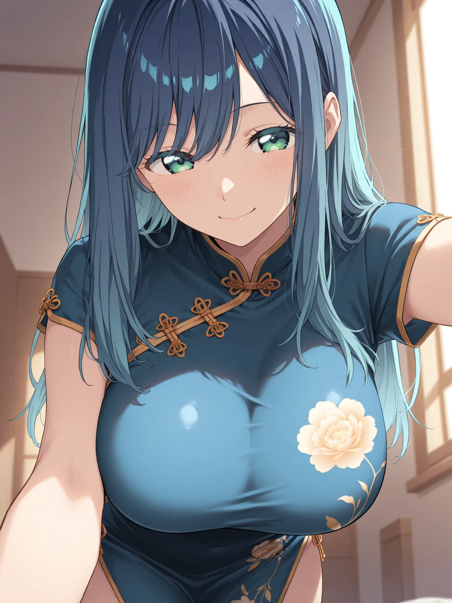 masterpiece,best quality,highres,ultra-detailed,bbnejire,blue eyes,blue hair,long hair,large breasts,<lora:hadou_nejire:0.8>,bare shoulders,china dress,chinese clothes,short dress,cleavage cutout,sideboob,thighs,hands_on_hips,furrowed_brow,indoors,