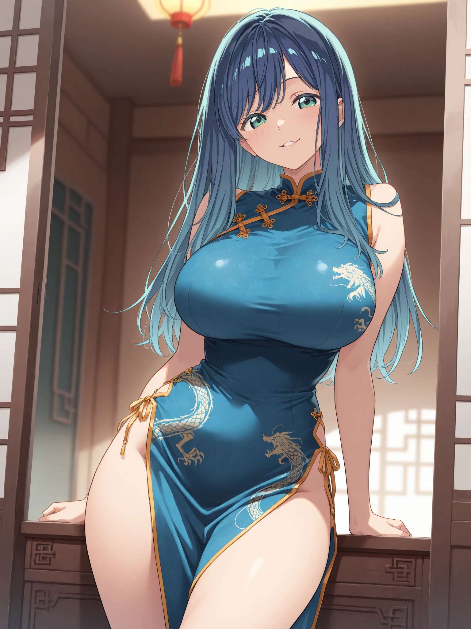masterpiece, best quality, 1girl, solo, library, blue eyes, green hair, fox girl, fox ears, qipao, standing, cowboy shot, standing, facing front, blue chinese dress, grin, blush, big breasts, wide hips, thick thighs, blunt bangs, ponytail, by uodenim <lora:Uodenim-Style-AniXL:1>