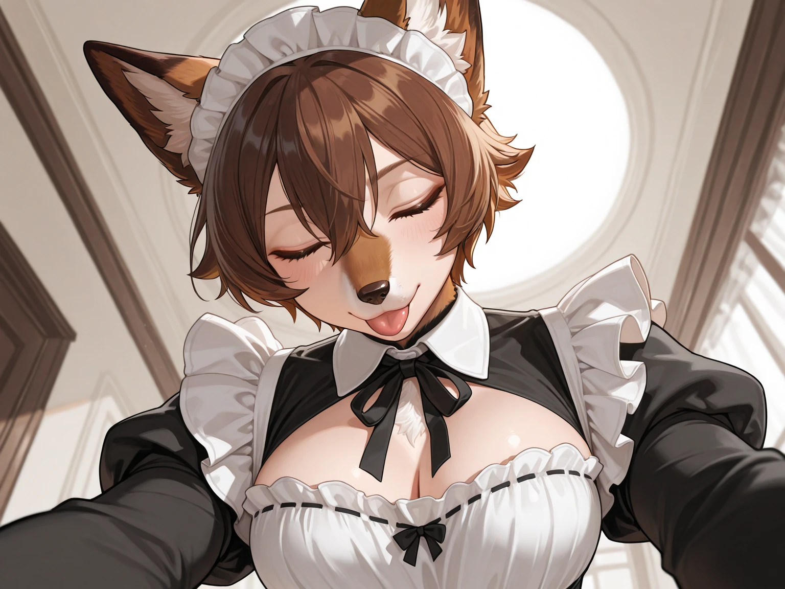 best quality, best resolution, (fluffy anthro furry), calico cat girl, maroon hair, short wavy hair, brown eyes, [[make the fur surrounding her right eye brown]], medium breast,maid outfit), standing, grumpy, breast out nude, nippel, nippel klammer