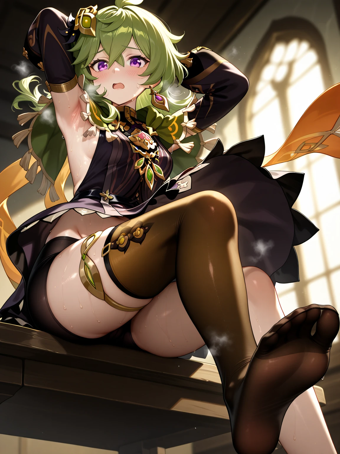 (Best quality,4K,8K,A high resolution,tmasterpiece:1.2),ultra - detailed,(actual,realistically,realistically:1.37), Ultra HD face, tmasterpiece, Best quality, A high resolution, 1girl leaf ponytail, Bra Slit Sleeves Cleavage Green Skirt White Stockings Hip Ventilation Station, Woman Sitting On Chair, A sexy pose, Attractive posing, White skin of the, Colossal tits, Crazy breast swelling, Slimming the waist, butt augmentation surgery, hip is cocked, Butt is swollen like crazy, Fitness model, Ruddy cheeks, sweaty, A smile