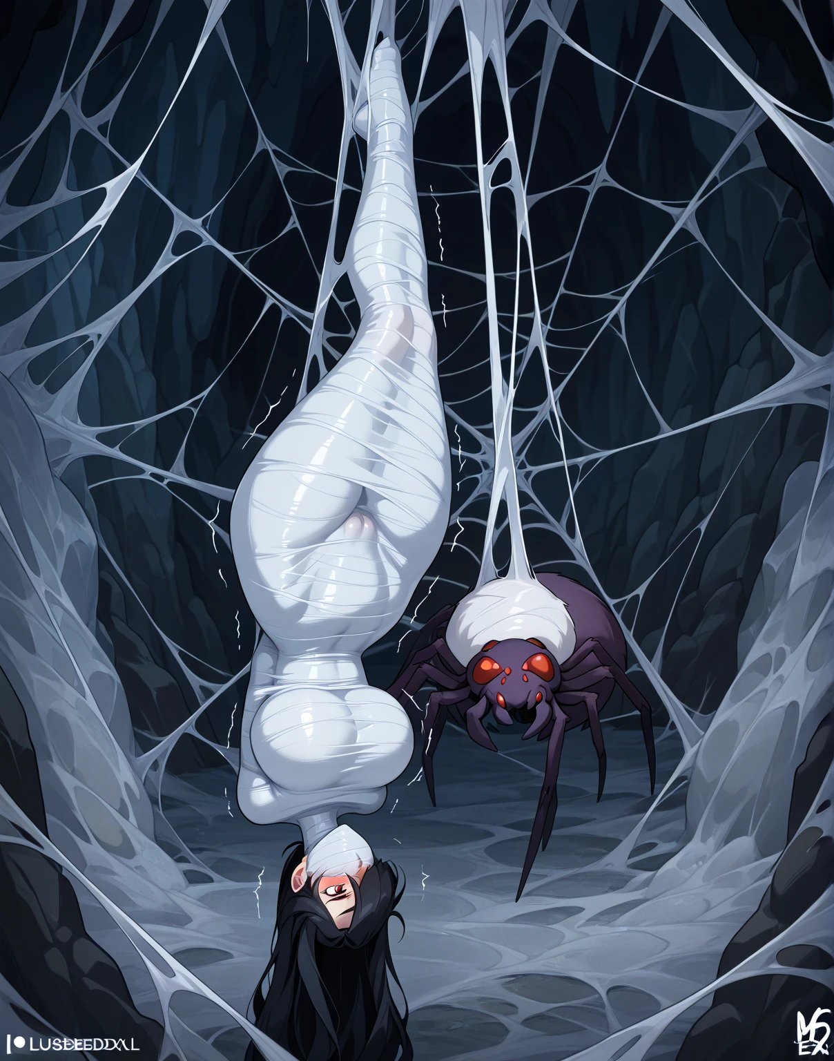 2 girls, trapped within sticky slimy cocoons made of silk, surrounded by spiders