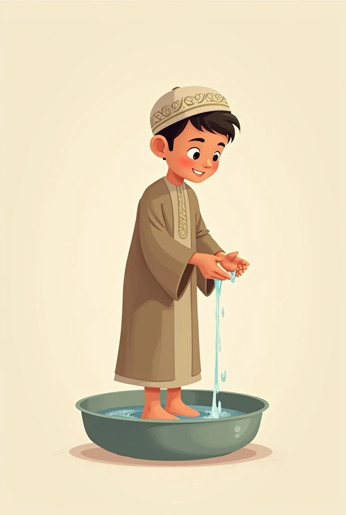 A kid doing wudu with water, wearing islamic outfit. Picture should be backside of the ???