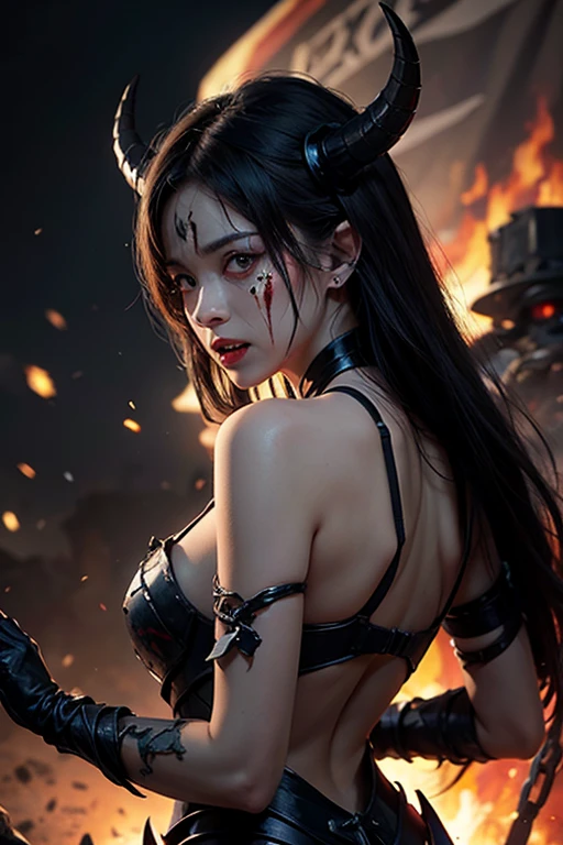 8K,A demon of the abyss with large, wild fangs.,Devil horns,Scary face,Strong and bulging muscles,Strong Macho,Tattered Gauntlets,Strong and big fist,Bright Red Eyes,Abyssal Land,Perfect Anatomy,charm,Volume measurement,Body balance,Digital single-lens reflex camera, Soft lighting, Detailed Background, Written boundary depth, Volumetric lighting, Sharp focus, Absurd, Realistic proportions, Excellent anatomy, (Realistic, 超Realistic:1.4), 16K HDR, dawn,A High Resolution,super Realistic 肌,Super beautiful expression,Fantasy art,Character Art,Wind effects:1.9、Cloud Effect:1.2、Full Rendering、Professional quality high resolution、Perfect contrast、Perfect lighting、Perfect composition、Perfect Skin、Perfect Fingers、Perfect breasts、Perfect Hair、Perfect Face、Realistic facial features,super highest quality,Slim figure,Perfect body line,Perfect hand shape,Anatomical body balance,Highly detailed face,Highly detailed eyes,Beautiful Lips,Excellent light particles,Cinema Lighting,Makeup,Ultra-high resolution,Ultra-Realistic Skin,Dynamic pose,Bright Red Eyes,Bathing the whole body with blood,Pump Up,Beastly smile,Sharp Eyes,Bloody,Blood splattered on face,rage,Expression distorted with anger,