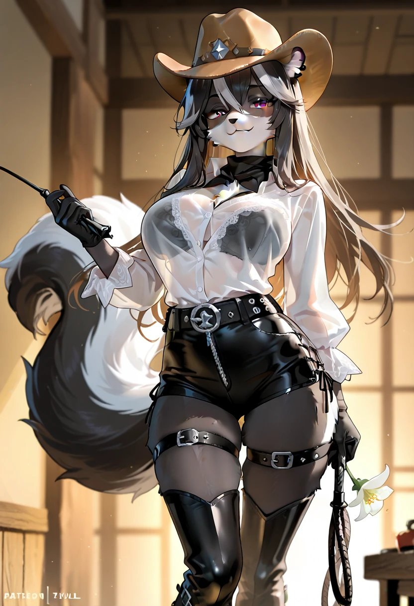 1girl, wolf girl, wolf ears, wolf tail, dark skin, full body, mature woman, mage, witch hat, leather, prideful, pride, sexy, SFW, powerful,
