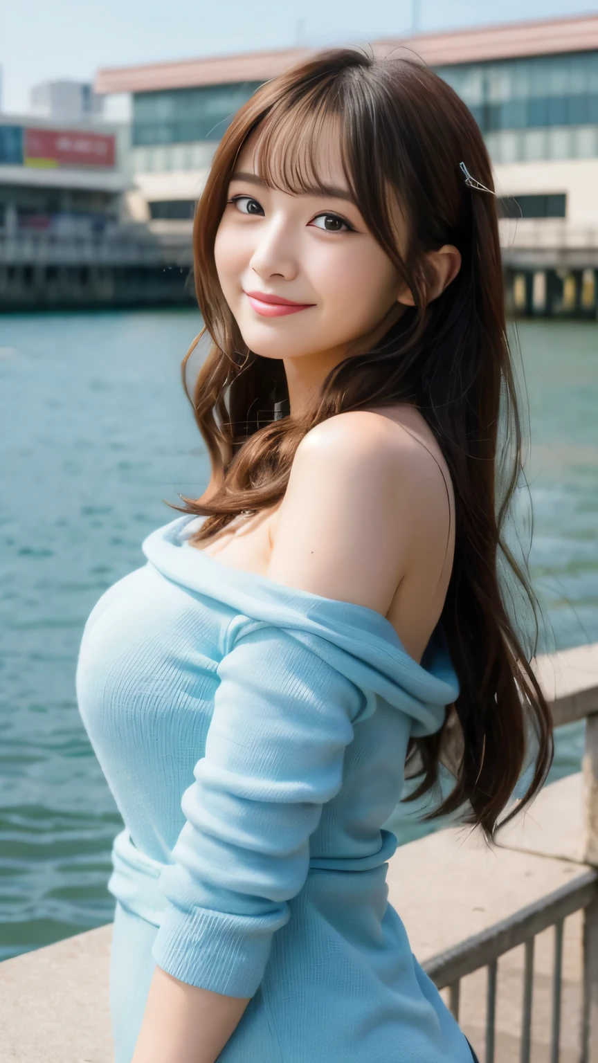 ((top-quality、8K、masterpiece:1.3))、japanes、26 year old、voluptuous woman、1girl in、(Slender figure:1.2)、brown haired、longhair,hyperdetailed face、Detailed lips、A detailed eye、double eyelid、(huge-breasted:1.4)、A smile、((Knitted dresses))、((Upper Eyes:1,5))、((A smile))、Cross your arms in front of your chest、((to stand、full bodyesbian))、shot from a side angle、sea side、