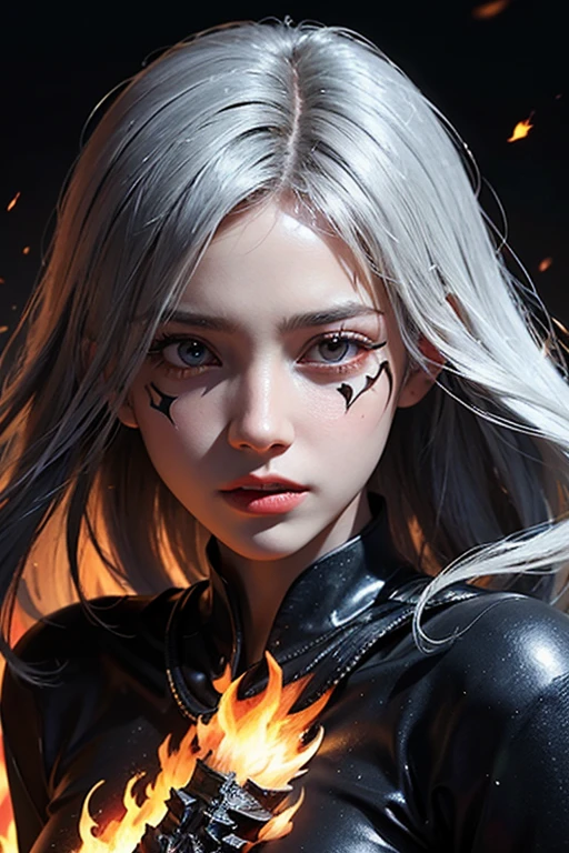 absurdres,(best quality),(masterpiece),(ultra-detailed:1.2),(photorealistic:1.1),(highres)cloak,1girl,solo,long hair,red eyes,white hair,hair over one eye,looking at viewer,red lips,sweater,upper body,turtleneck,makeup,blood,eyelashes,black sweater,blood on face,breasts,lipstick,one eye covered,black background,turtleneck sweater,(floating hair:1.4),wavy hair,sharp_eyes,