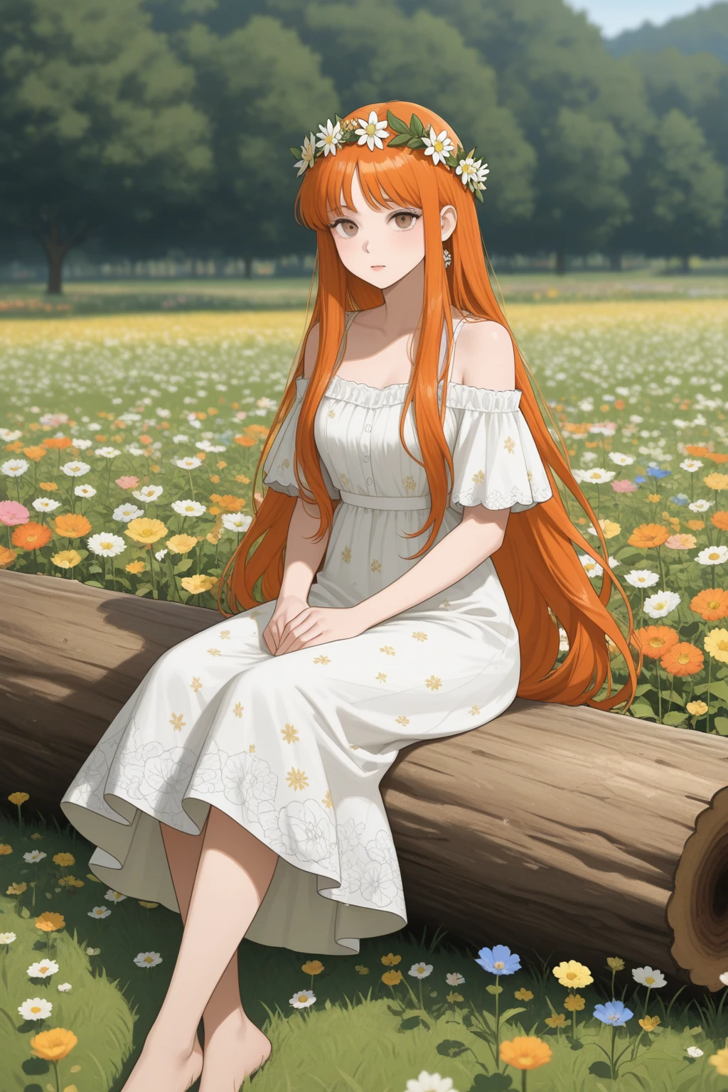 score_9, score_8_up, score_7_up, 1girl, looking away, crossed legs, puzzled, orange hair, full bangs, aquamarine eyes, breasts, purple sleeveless shirt, sidelighting, wheat field, full body, <lora:kincora_PonyXL_style_v02:1>