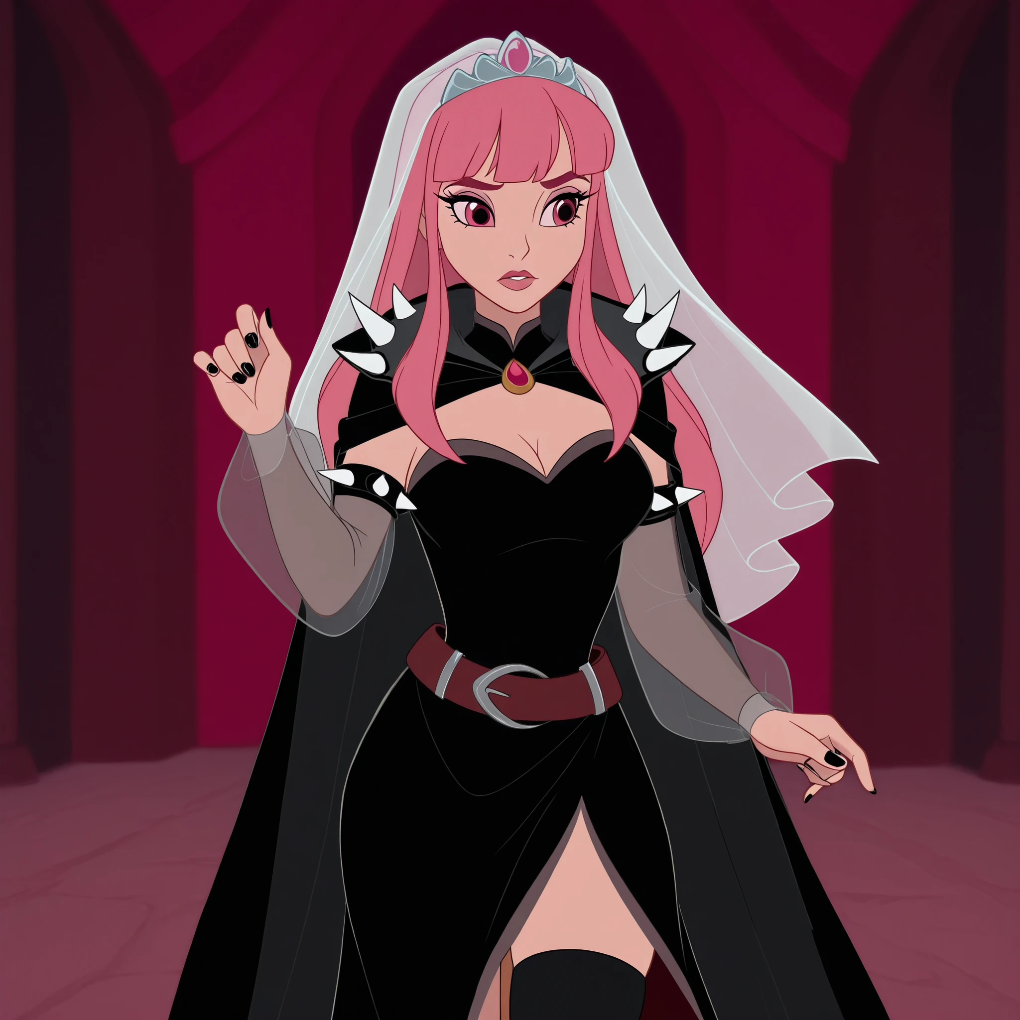 DisneyClassics,disney moreaper, pink eyes, red eyes, bangs, pink hair, long hair, tiara, veil, cleavage, spikes, dress, black dress, cape, black cape, detached sleeves, see-through sleeves, belt, thighhighs, black thighhighs, single thighhigh, nail polish, black nails