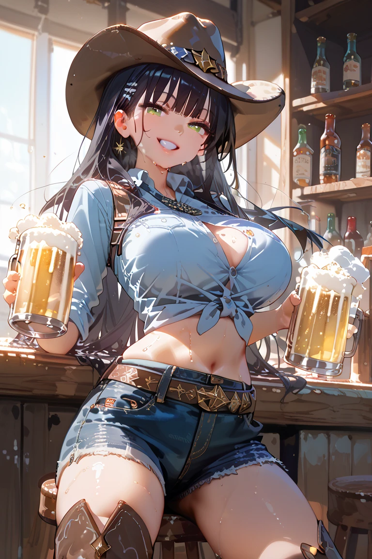 amber_genshin, nsfw, hair ribbon, masterpiece, 1 girl, shorts, erect nipples, intricately detailed, topless, puffy nipples, pubs, table, crowd, navel, bare shoulders, necklace, beer, tavern, inn, pub, crowd, brown hair, long hair, extremely detailed, photorealistic, octane render, 8 k, unreal engine, bare breasts, nipples, yellow eyes, carrying beer tray, bare stomach, sweaty, people on background, oktoberfest, smiling, moist breath, child, arm strap, small breasts, blush, bare shoulders, open mouth, peace sign, winking, bare arms, bare elbows, hair_between_eyes, red_ribbon, leather belt, waist pouch, goggles, seductive look, curvy body, legs, petite body