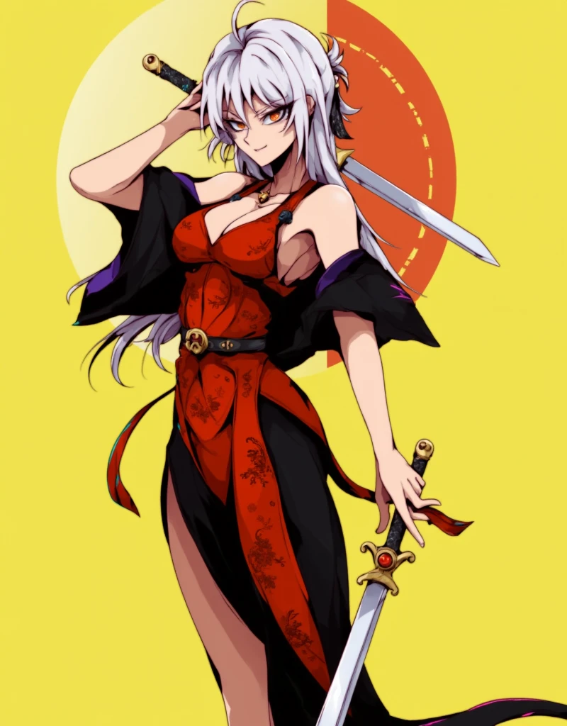 Kimetsu no Yaiba style, 1 mature, girl, red eyes, a hashira, pretty, red and white hair, white hair with red tips, red and white ombre hair, stylized hair, long hair, annoyed expression, noble, Pillar Demon Slayer, holding a sword, wearing black demon slayer uniform, black clothing, holding a red katana, large breasts, big breasts, cleavage showing, cleavage