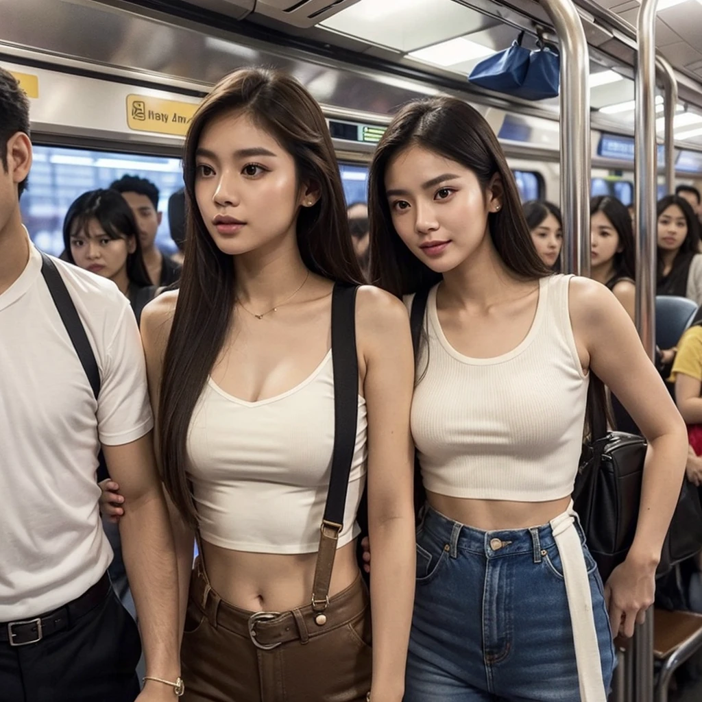 Teenage Girl,,10 years old,sunglasses,(stomach),Short shirt,Shorts、Blonde、Gal Makeup,filipino girl,In the city,Crowded spaces,train