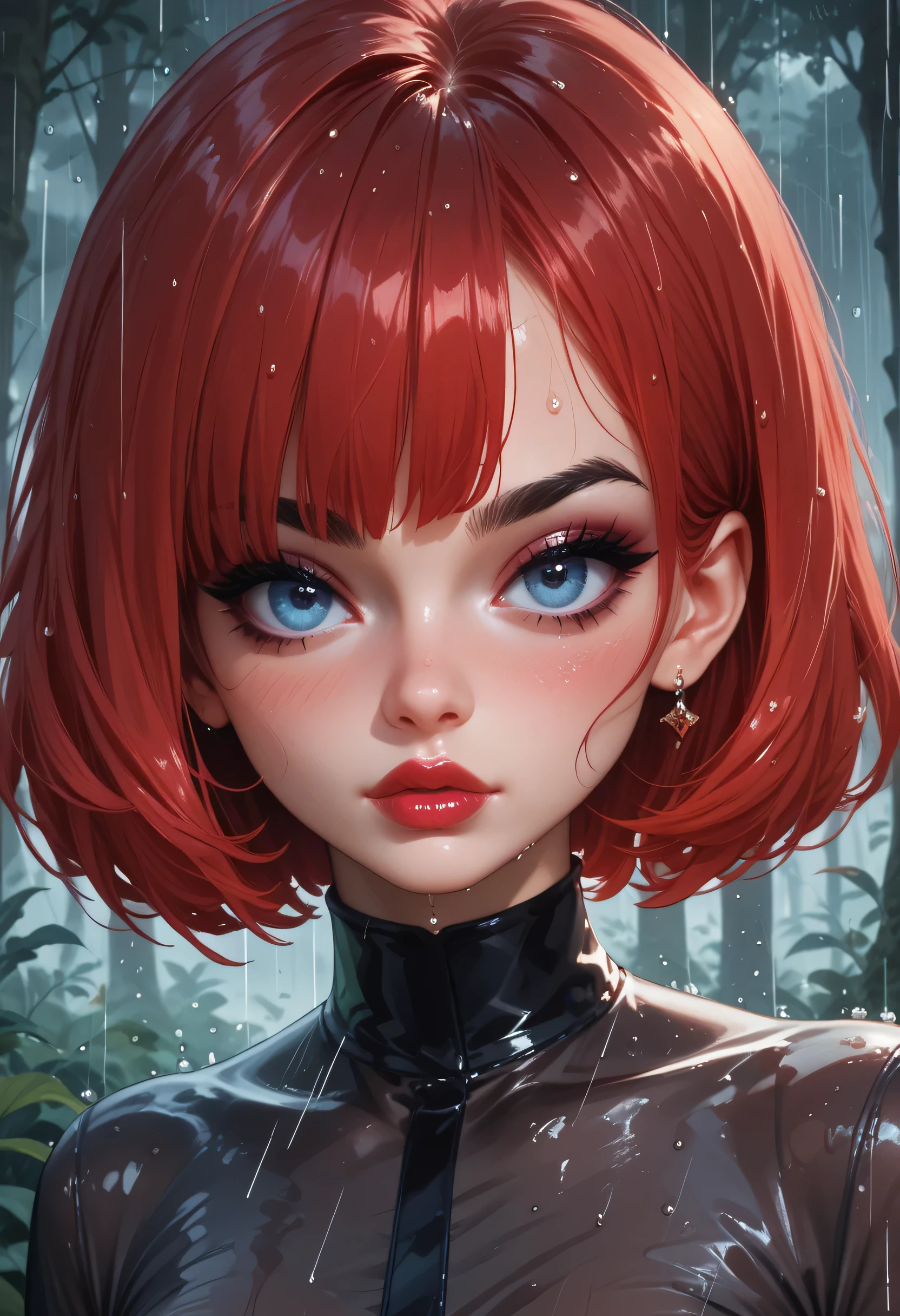 (Perfect Face, Short Cut Smooth Hair, Bright Red Hair, Black Thin Eyebrows, Blue Eyes, Purple Eyeshadows, Black Eyeliners, Blushing, Bright Red Thick Lips, Beautiful Woman) Forest, Cloud, Rain