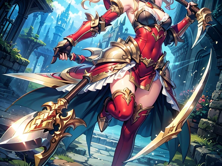 Elven paladin, fantasy, plate gauntlets, plate greaves, butt cape, blonde hair, smiling, zweihander, action pose, white metal bikini armor, pasties, busty, plate boots, delicate, soft features, beautiful detailed face, shiny skin, elegant, beautiful, messy bun, thick thighs, large ass, huge breasts:1.3, upper body, thick, skindentation, full lips, black eyeliner, mascara, pink blush, elegant makeup, divine warrior, Holy knight, blue and white accent streaks, rose petals