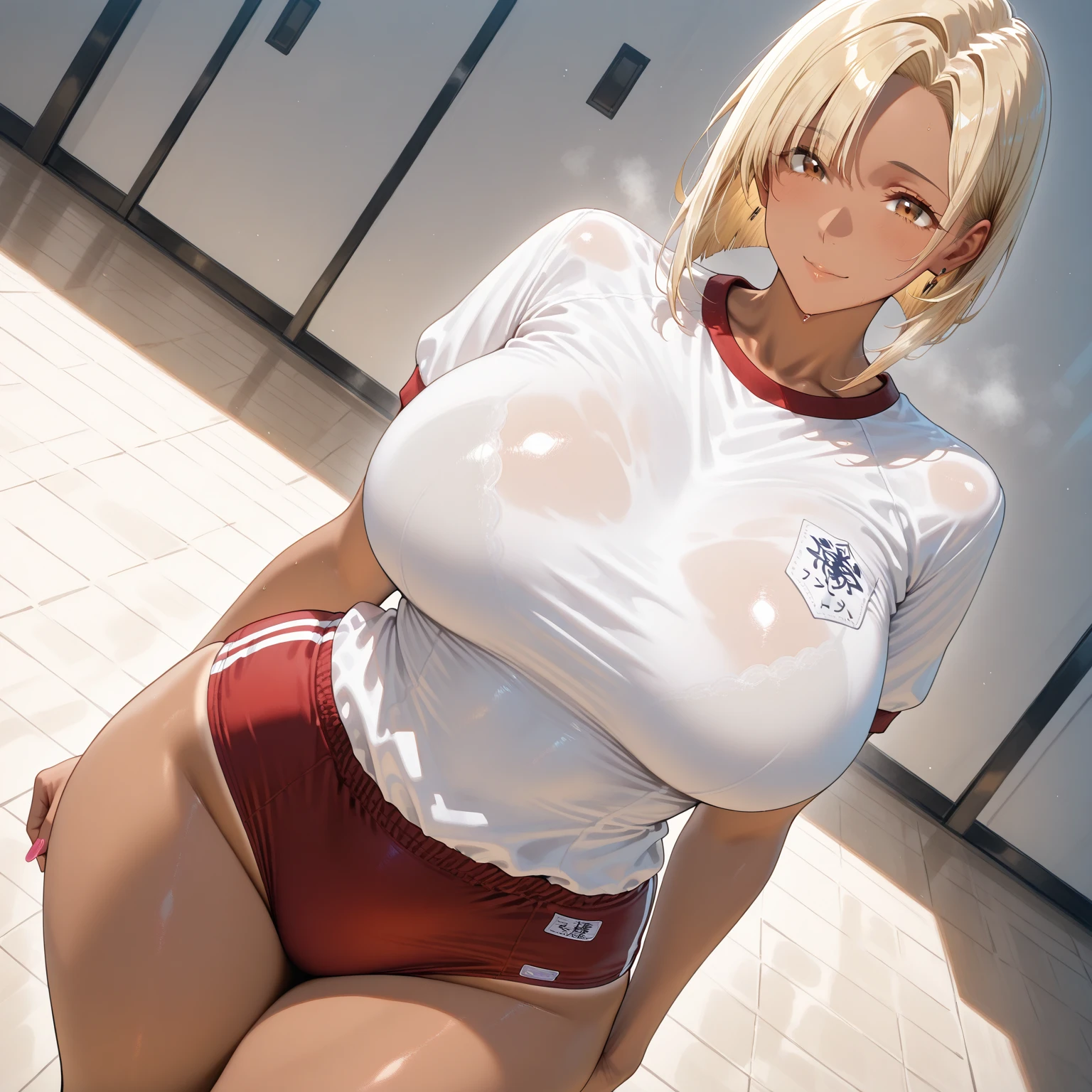 bob　white  hair　D-cups　Wearing gym clothes　cute little　Being at school　High school students　flipping up pants　Underwear is visible　Laughing　tall　Brown eyes　Nipples are sagging