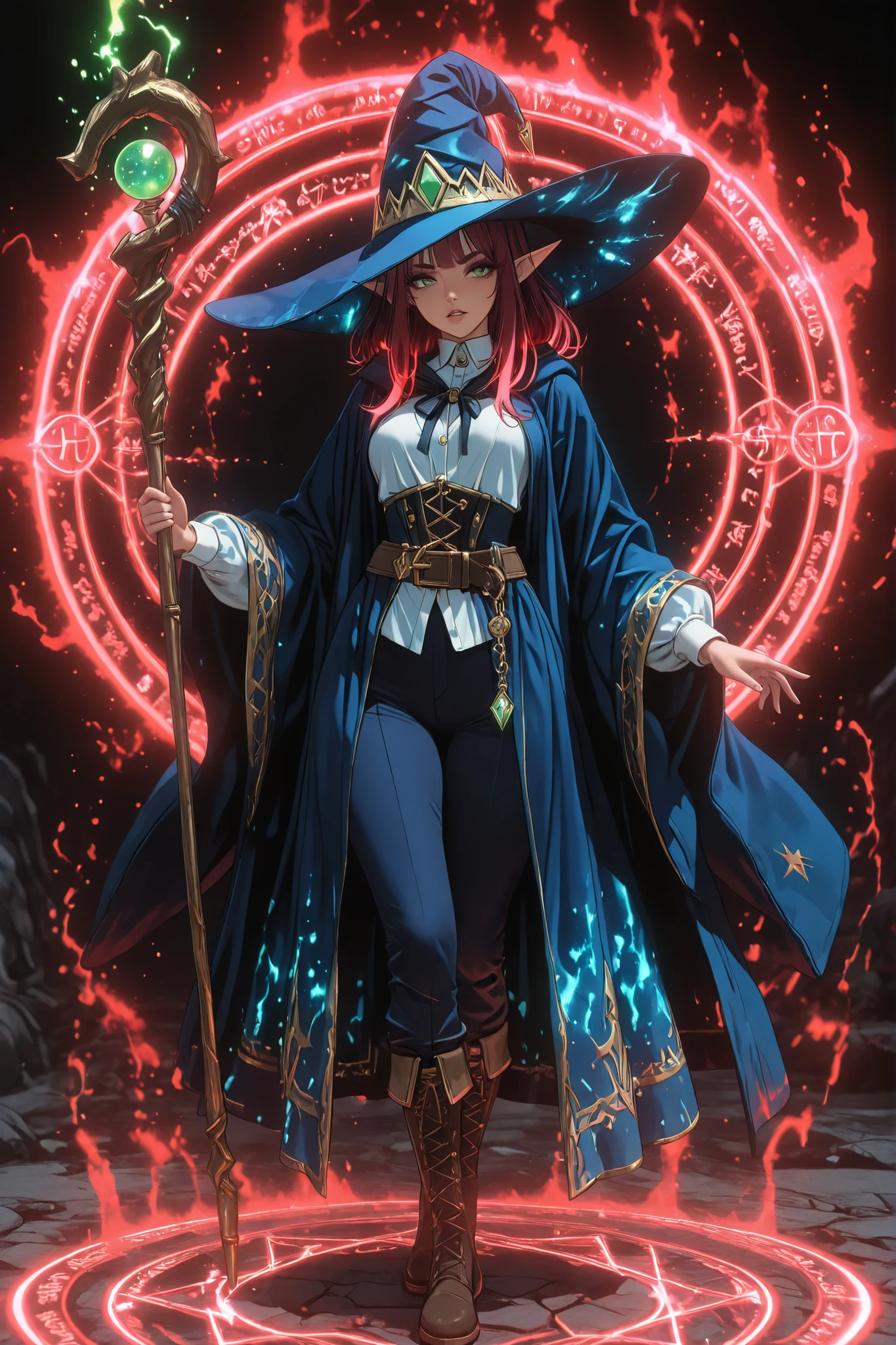 A character reference concept art in a realistic mature anime belnd with subtle 3d cel shading, studio lighting sharp glowing highlights , strong rim light, dramatic backlight soft defused frontal light and strong light glow from below casting sharp shadows creation a strong contrast effect, strong rim light in a frontale view full body shot standing in A-pose with simple background. The character is a female elf mage, small short curvy body shape yet mature and bustyfigure, medium hight, 150 cm, perfect beautiful face features, thin snob nose, thick kissable parted lips, messy red hair with 90s vintage hairstyle, green eyes expressing joy and excitement, thick eyelashes and eyebrows, wearing blue mage robe with golden ornements over a white shirt and dark blue pants, blue mage hat, golden accessoires, boots, holding a mage golden staff in one hand with rings , a grimoire and mana potions attached to a leather belt , standing on glowing red magic circle