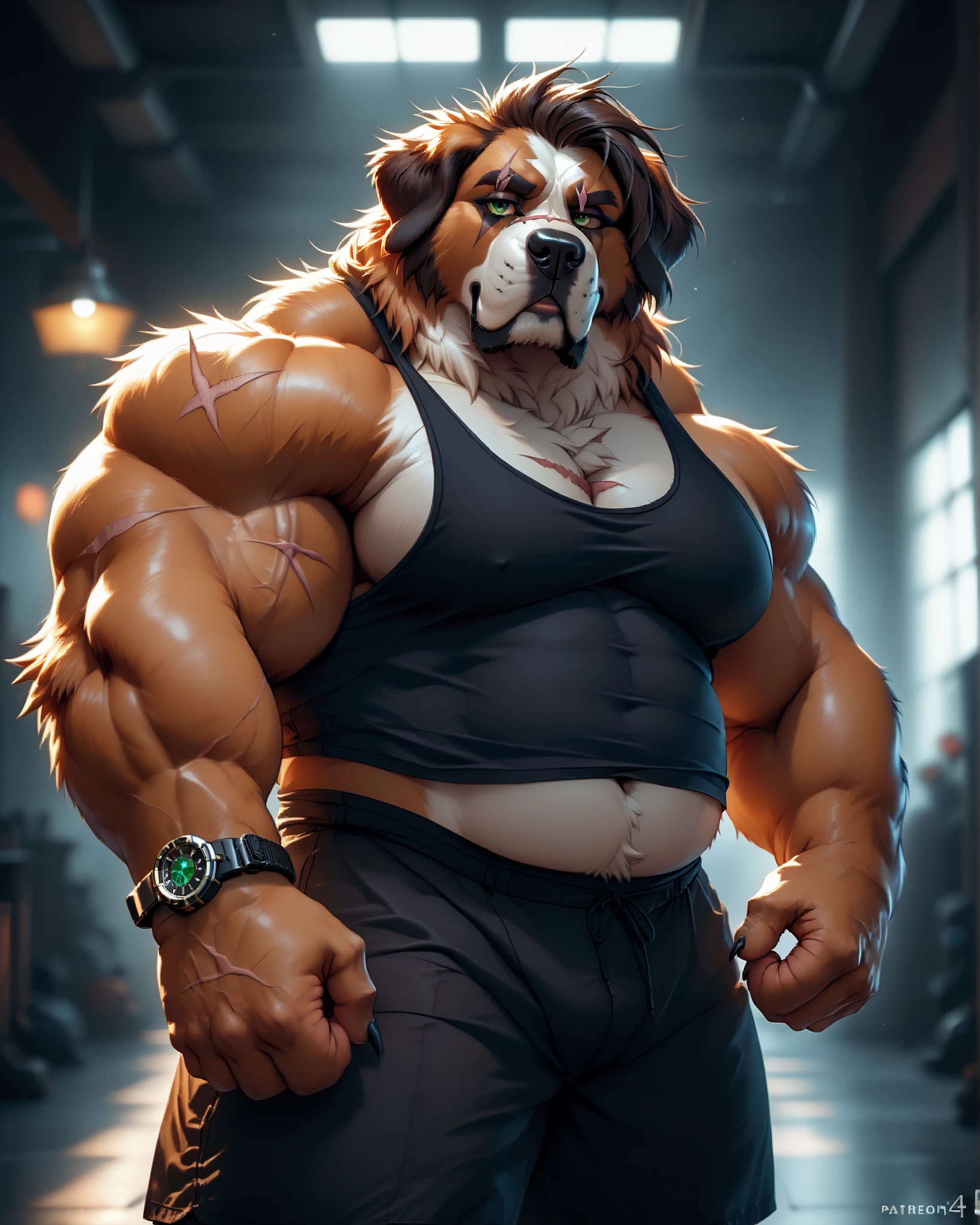 bigbodyframe, manly, masculinity,,saint_bernard_anthro,(solo), anthro male, saint bernard,male in late 30s, chubby male, brown fur, brown and white fur, green eyes, emerald eyes, glowing eye, muscles, fat gut, (chubby belly), (scar, scar on face, scar over eye), nordic runes, black tank top, short pants, smart watch, exposed hands, visible hands, claws, black claws, hair accessories, neon city background, indoors, hands visible, resting on hips, arms included in frame, wider shot, slightly zoomed out, portrait orientation, looking at viewer,