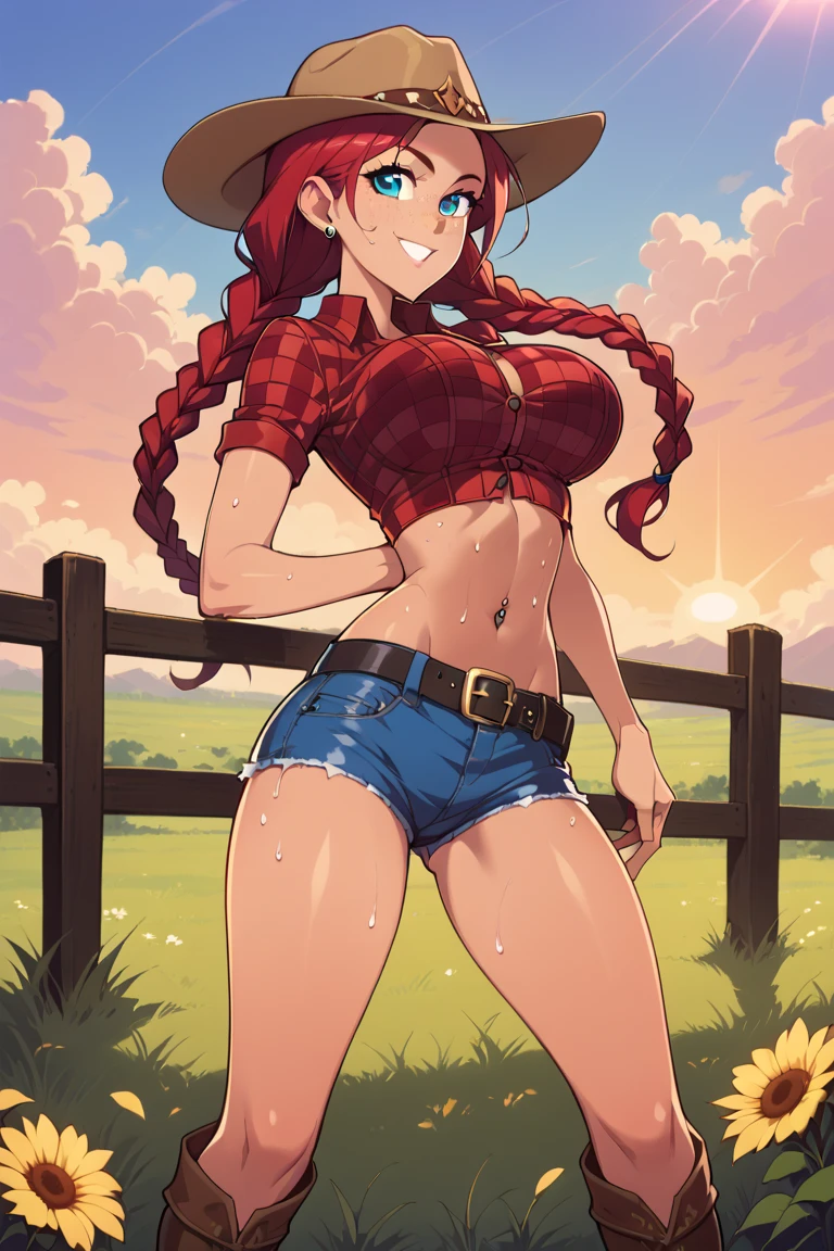 1girl, beautiful, perfect lighting, muscular, thick thighs, mature female, milf, navel, abs, looking at viewer  (masterpiece, high quality:1.1) ,cowboy hat,body freckles,barn,pale skin,red hair, braid, ,short shorts,plaid shirt, skindentation, cleavage,grin