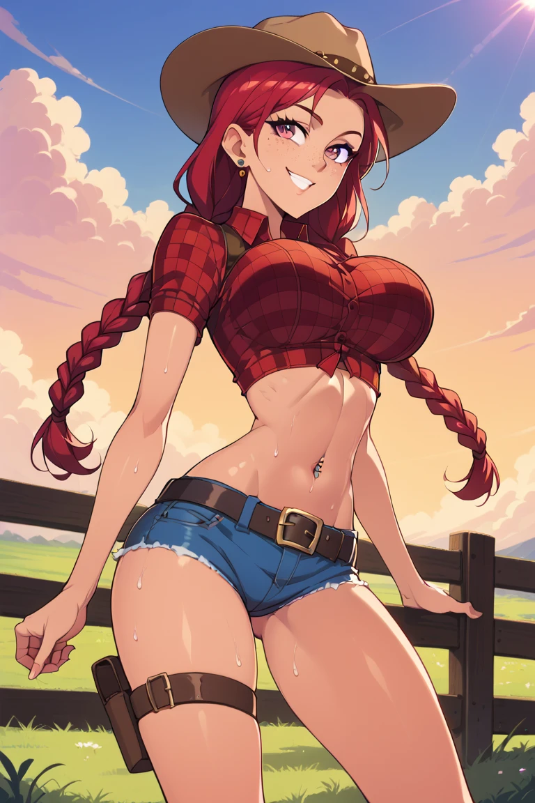 (masterpiece, best quality, Highly detailed, Highly detailed, High Quality, perfect quality, good quality, HDR, UHD), Score_9, score_8_up, Betilla the nymph, (((1girl, solo, alone))), (((red hair, long hair, black eyes, curvy, freckles, huge breasts, thick thighs, wide hips))), looking at viewer, smile, blush,
((( fence, cowboy hat, blue pants, belt, blue shirt, vest, brown gloves, jewelry ))),
sexy pose, dynamic pose, dynamic angle, cowboy shot,
outdoor, house, farm, day,
