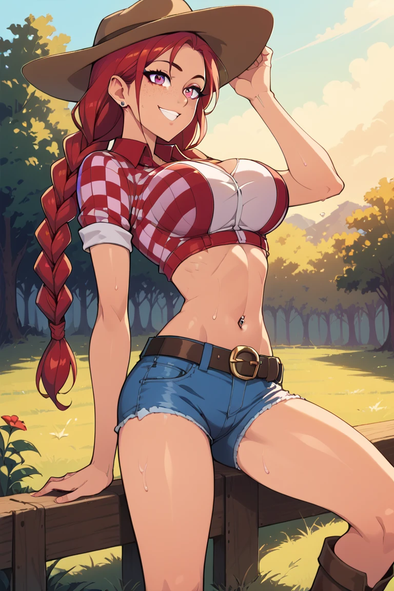 1girl, beautiful, perfect lighting, muscular, thick thighs, mature female, milf, navel, abs, looking at viewer (masterpiece, high quality:1.1) ,cowboy hat,body freckles,barn,pale skin,red hair, braid, ,short shorts,plaid shirt, skindentation, cleavage,grin