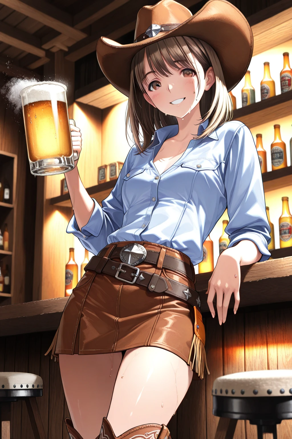 (((NSFW:1.8))),((Nude:1.8)))(((1 person:2.0))),(((naked:1.8))),(((Slim body:1.8))),(((Brown gun belt with holster:1.8))),((Brown cowboy hat:1.8)),((Wear a metal watch on your wrist:1.8))),(((Showing cleavage))),(((Exposed thin inner thighs))),(((Small breasts:1.5))),(((nakedの腕))),(((Her hair is brown))),((Blushed:1.2)), Beautiful detailed girl, Very detailed目と顔, 緻密でBeautiful Eyes, Very detailed, High resolution, Highest quality, masterpiece, Very detailed, 8k wallpaper, wonderful, finely, Highest quality,(Standing in front of a wooden wall),Beautiful Eyes,((Engage your audience:1.2)),(((Full Body Shot:1.8))),((Are standing:1.2)),((Put your right hand on your chest:1.2)),((Whiskey in left hand:1.4)),(((Drunk:1.8))),(((drinking,hiccups:1.8)))