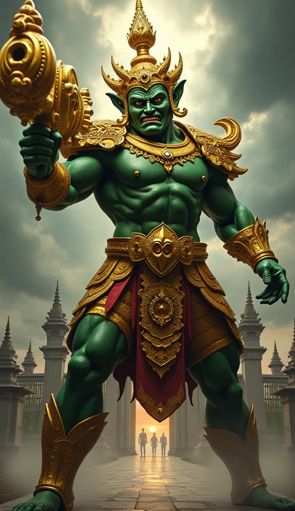 Ramasura, a ferocious green giant wearing a Thai costume, holding an axe about to throw it, floating in the sky.