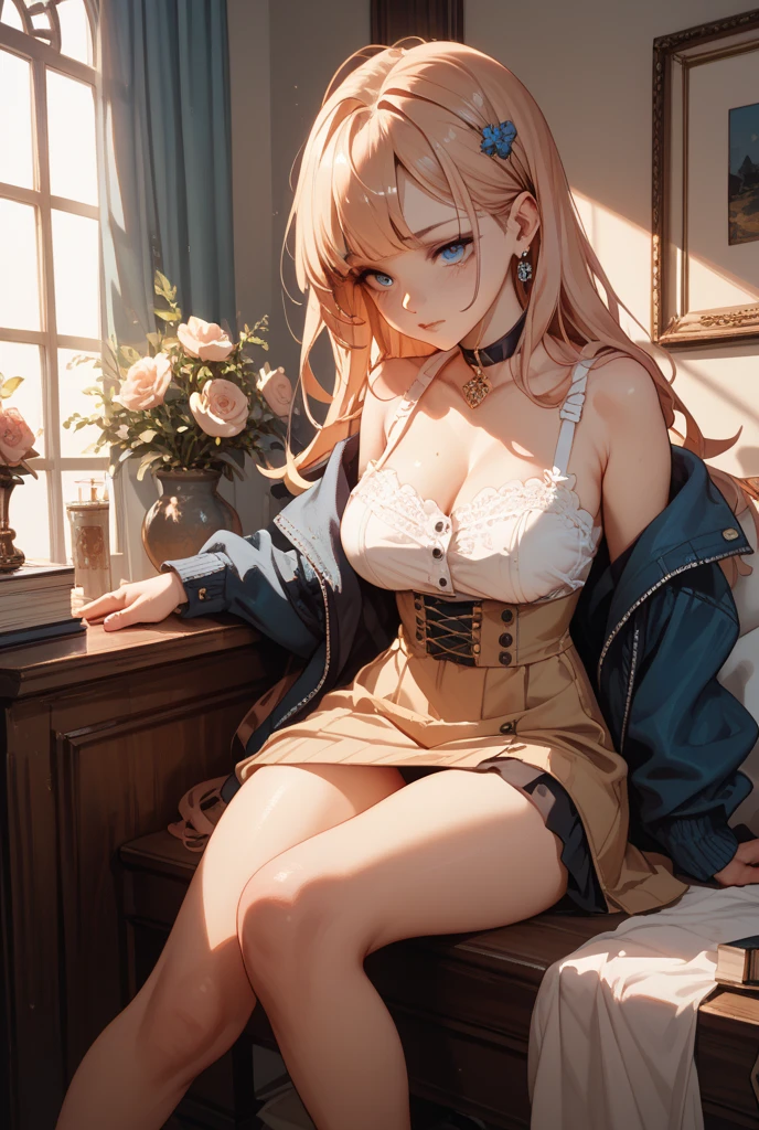 (masterpiece:1.2), (Military uniform magazine cover:1.4),best quality,PIXIV,Sweet girl , sexy posture,1girl, (perky chest:1.2), rolling upskirt by wind:1.6, (with sparkling eyes and a contagious smile),open mouth, (pointed chest:1.2),fishnets, black hair, boots, long hair, black nails, skirt, shirt, black footwear, bag, black skirt, jewelry, jacket, thigh strap, bangs, necktie, earrings, nail polish, multicolored hair, looking at viewer, full body, bottle, own hands together, belt, jacket on shoulders, food, cats on head, ring, choker, english text, collared shirt, blue eyes, hat, lace-up boots ,masterpiece、highest quality、Very detailed、An illustration、Beautiful fine details、One Girl、cute、Detailed landscape、Training Room Background:1.4、Platinum Blonde Hair、Braided Ponytail、Red camisole、((c cup breasts, Tank top showing underboob:1.4))
