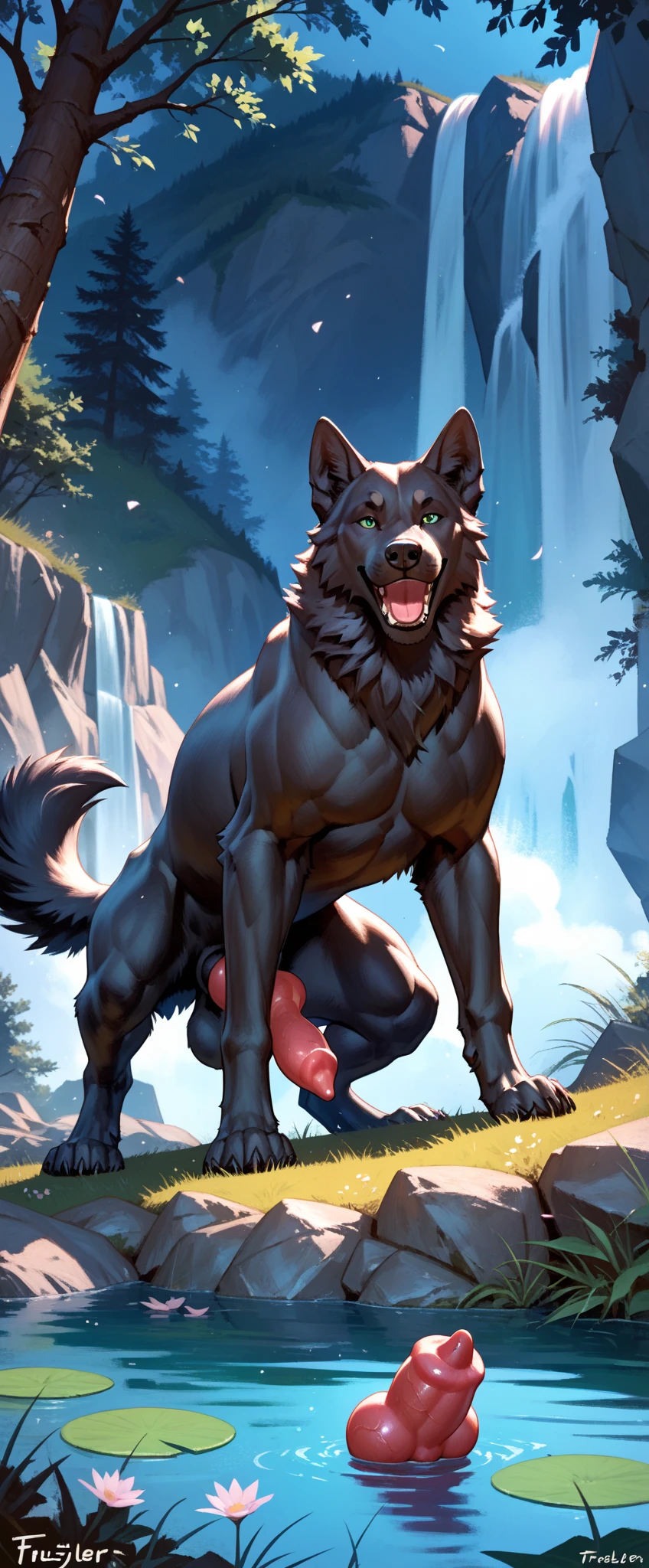 shaded, excellent quality, insanely detailed, phenyanyanya, honovy, marjani, personalami, hioshiru, male, muscular male, looking at viewer, animal genitalia, saggy balls, spread legs, canine penis, knot, big balls, white pupils, cave, dungeon, inside, rock, darkness, underground, glowing eyes, feral, quadruped, standing, paws, wolf, open mouth, teeth, all fours, tongue out, long tongue, hyper muscle, leaking precum, angry skull head, malo, mammal, canid, canine, bone, skull, fur, hair, genitals, black body, nipples, solo, black fur, black hair, digital media (artwork), monster
