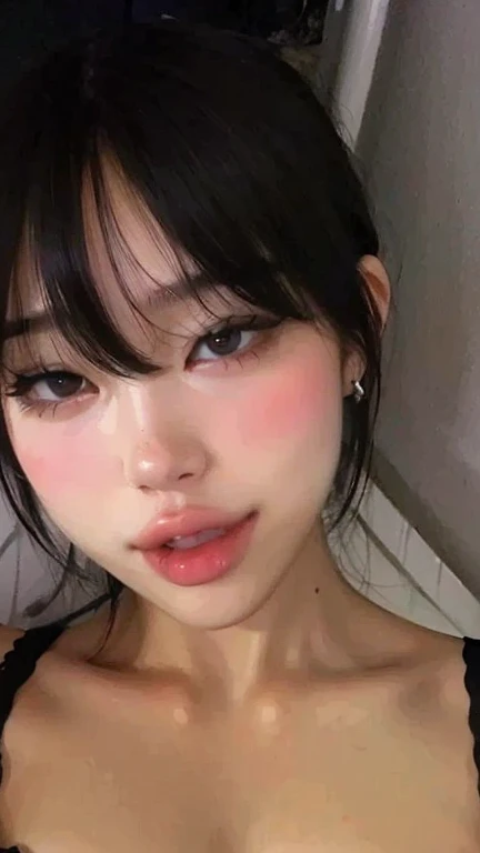 1 girl , lie on bed ,wearing very sexy night dress , warm room lighting , dark black hair , brown eyes , cute face , perfect body , ponytail , realistic , cute smile ,lip bite