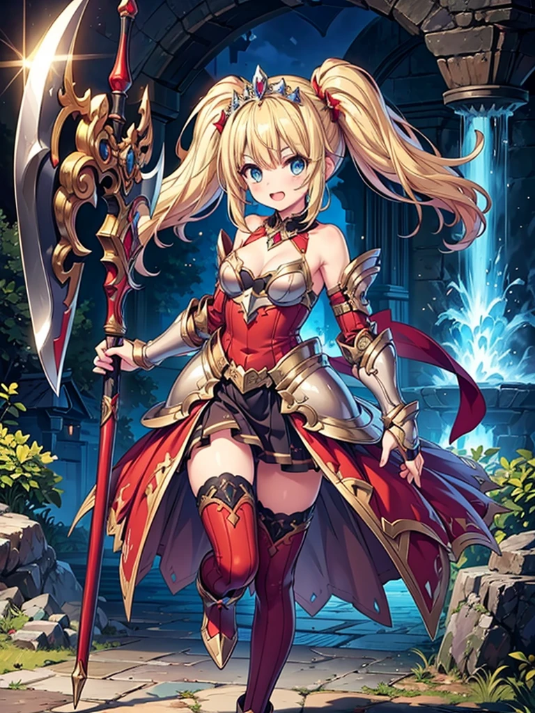 score_9_up, score_9, score_8_up, score_7_up, source_anime,masterpiece, best quality, high resolution, extremely detailed CG, absurdres, highres, 1girl, a female knight in metal armor, skirt, frills, holding the scythe of flame, red_outfit, cropped shoulders armor, off-shoulders, plate armor, armor dress,gauntlets, Blonde hair,twintails, long hair, blue_eyes, ruby tiara,cleavage, thighs, thighs armor, weapeon, ((scythe of flame)), fire arounded
