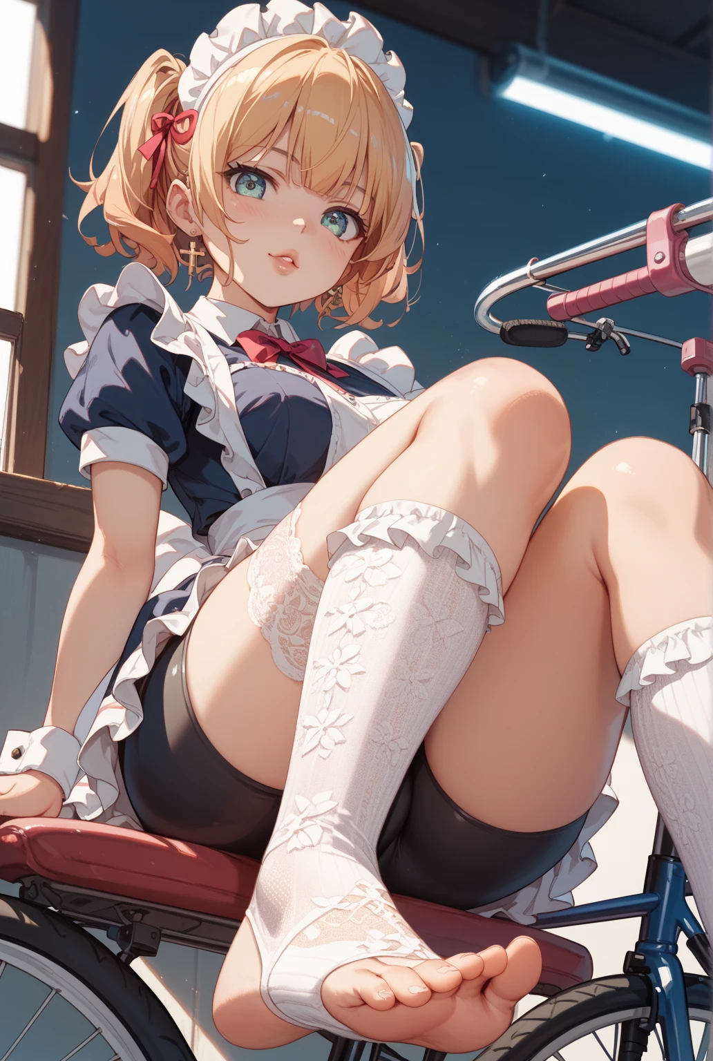 A girl sitting on a desk, school, classroom, spread legs, white panties, pervert, ultra detailed, (beret:1.8), (iwanagadress:1.2), (iwanagakotoko:0.9), iwanaga kotoko, beautiful body, beautiful face, good anatomy, white stockings, white panties, blonde hair, short hair, embarassed look, blushing, hand covering mouth, looking away