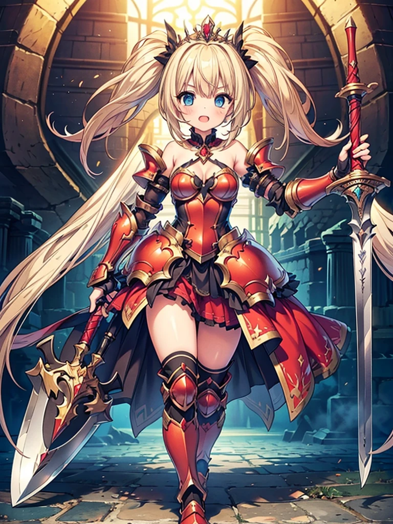 score_9_up, score_9, score_8_up, score_7_up, source_anime,masterpiece, best quality, high resolution, extremely detailed CG, absurdres, highres, 1girl, a female knight in metal armor, skirt, frills, holding the scythe of flame, red_outfit, cropped shoulders armor, off-shoulders, plate armor, armor dress,gauntlets, Blonde hair,twintails, long hair, blue_eyes, ruby tiara,cleavage, thighs, thighs armor, weapeon, ((sword of flame)), fire arounded
