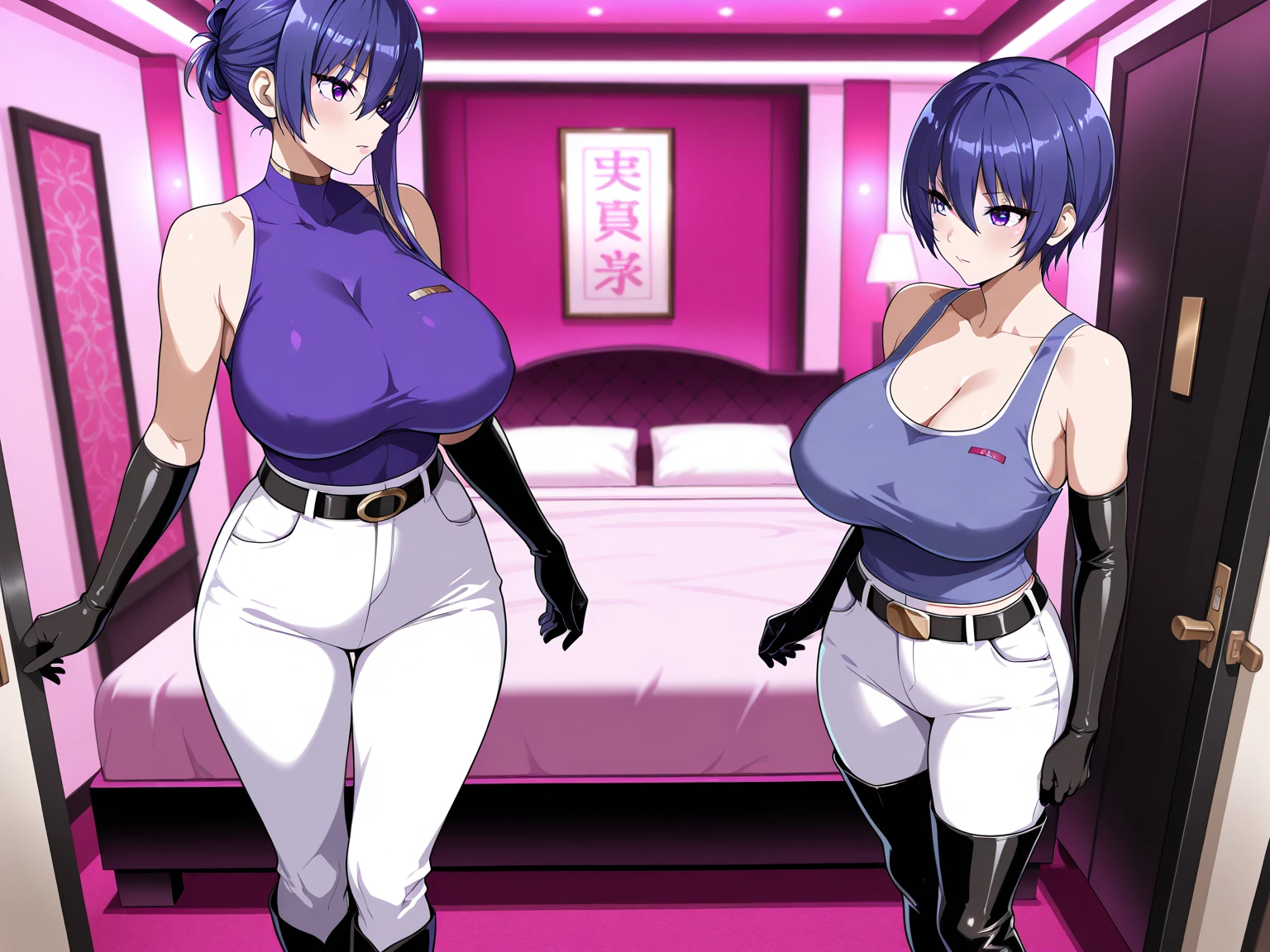 best quality, masterpiece, (leaning over:1.4),
1girl, yuzuriha_(jigokuraku), purple hair, brown eyes, ninja, open clothes, cleavage, small breasts, topknot, medium hair, breasts apart, seductive smile, pants, undressing, (blush:1.1), japanese exterior, temple,