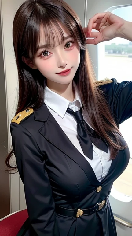 (1 Ultimate Beautiful Mature Woman), Solo, (Cabin Attendant Uniform:1.3), Smile, (fluffy brown eyes), (Beautiful face), (Black short hair), (Huge breasts:1.3), (Detailed face), Detailed lips, Detailed face, Detailed chest, detail, Perfect body, Standing, Cowboy Shot, ((Background: in an Japanese airline)), 8K, of the highest quality, Intricate details, Ultra Detail, Ultra High Resolution, masterpiece,