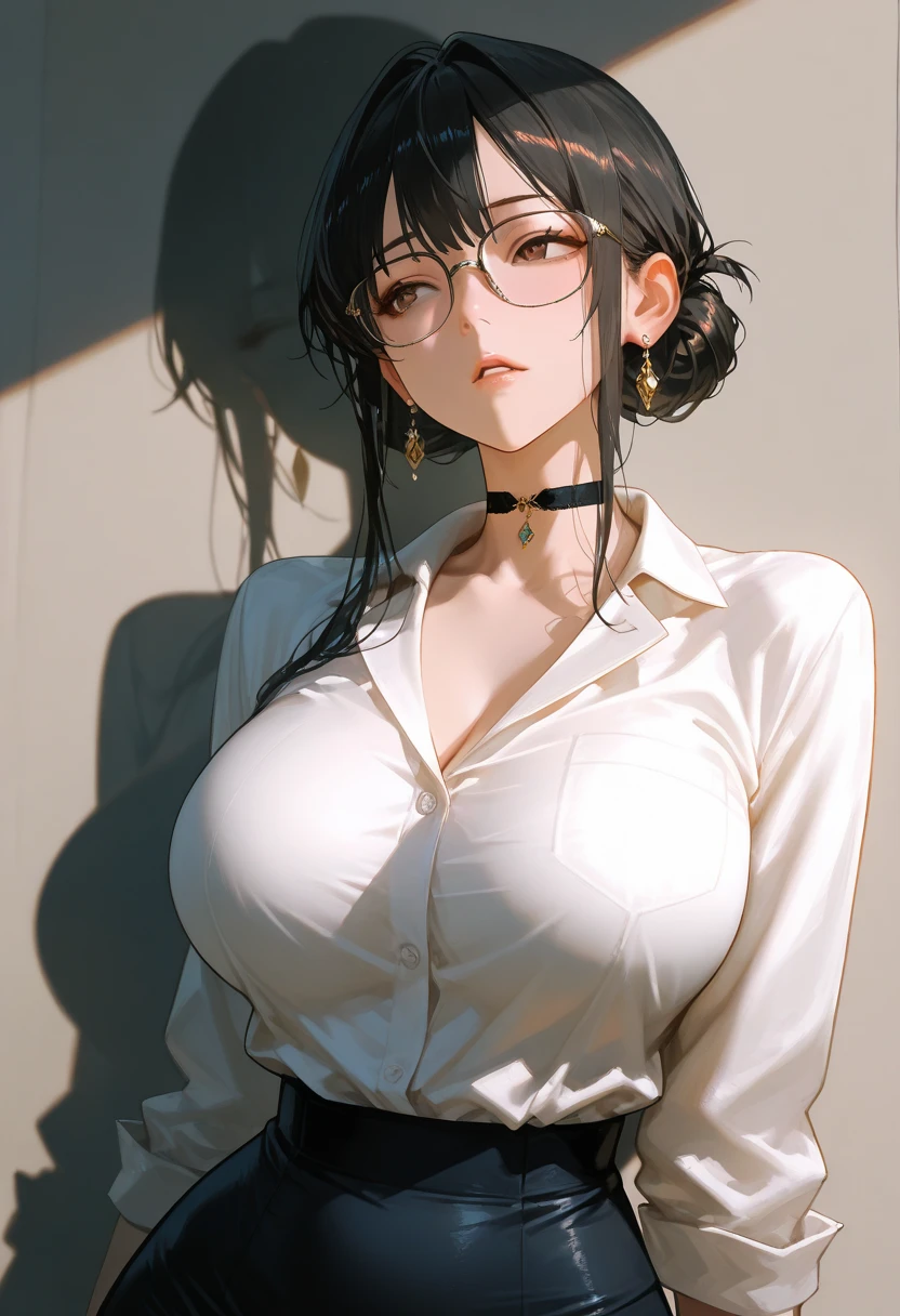 score_9,score_8_up,score_7_up, 1girl, (looking horny), anime, milf, sexy girl, beautiful and perfect face, beautiful, black eyes, black hair, medium bob hair, earrings, glamor, round eyewear, glasses, detailed eyes, perfect shadows, white shirt, mini skirt, large breasts, cleavage, wide hips, narrow hips, book, bookshelf, indoors, volumetric lighting, expressive, anime