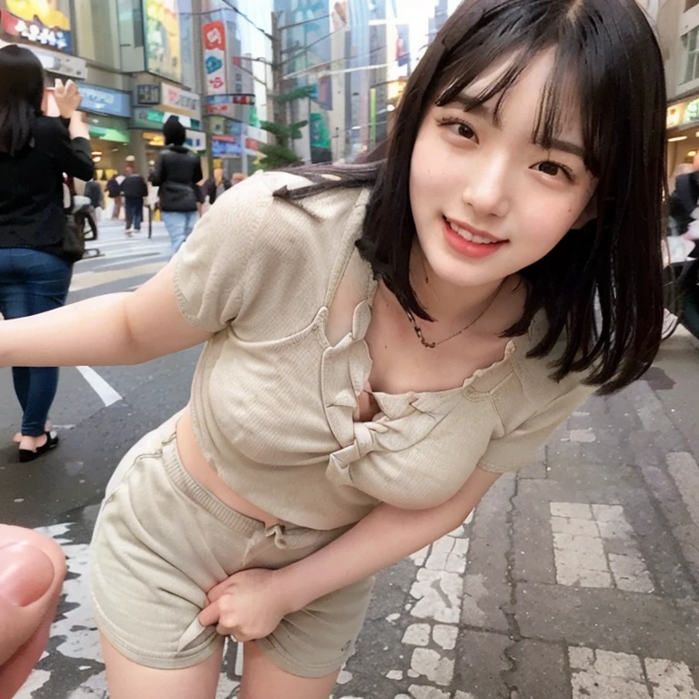 (8K,top Quority,tmasterpiece:1.2),(realisticlying,realisticlying:1.37),Super detailed,girl single,adolable,solo,sitted,(white skinned),(ssmile:1.15),The large,Delicate eyes,large round eyes,Clear double eyelids,eyeslashes,(shirtwithcollars:1.1),white clothes,(short detailed hair:1.2),By bangs,long necks,joyful smile,beauitful face,realistic skin textures, Light red lips,lawns,full bodyesbian,short skirt,open waist,The weather is hot,Pleasant,Very Fine Detail,Warm atmosphere,The bra is exposed,Clothes open,Panties exposed,Exposed genitals,Leg to knee、nipples are visible、small breasts