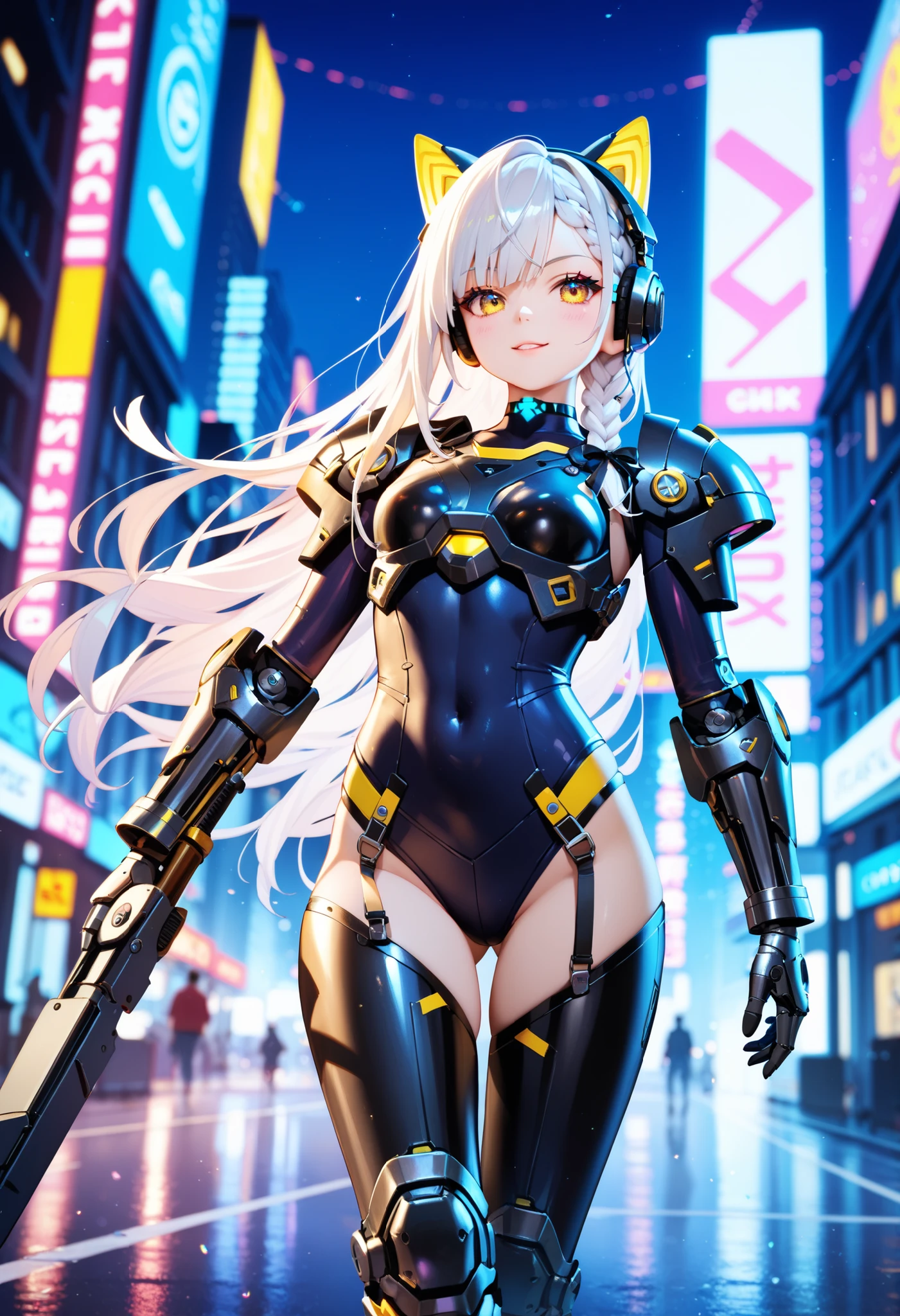 Highest Quality, Detailed depiction of the eyes, one female, youth, slender body, foxy , grayish white hair , long hair, one side braid grated , Big cat eyes, chrome yellow color eyes, cyber punk, iron blue mechanical arm guards , iron blue mechanical leg guards , Black body armor , Expose Shoulder , Expose thighs , mechanical headset, Black Ribbon Choker , neon city ,