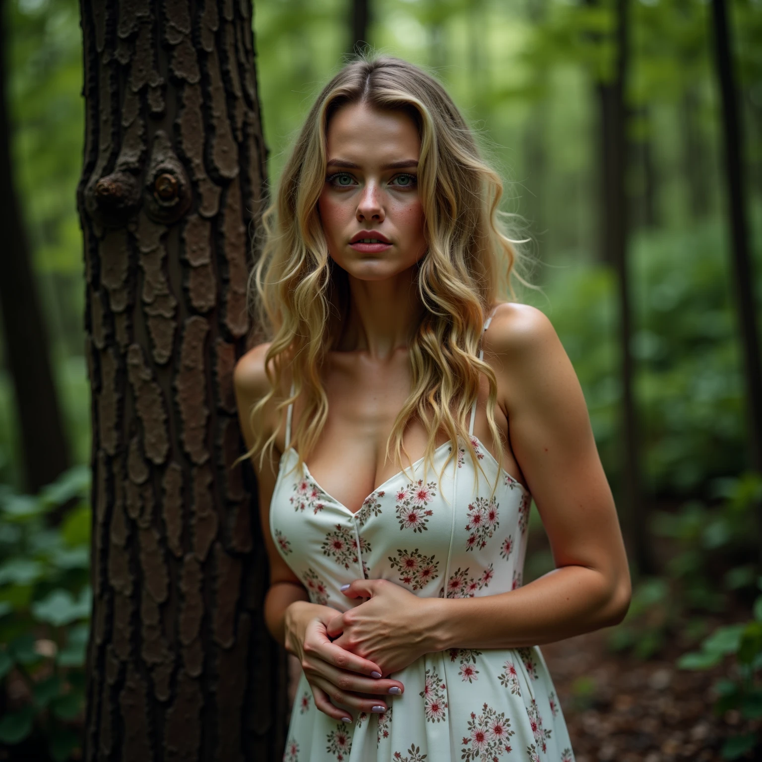 A  women in white in forest bushes horror full photo in night
