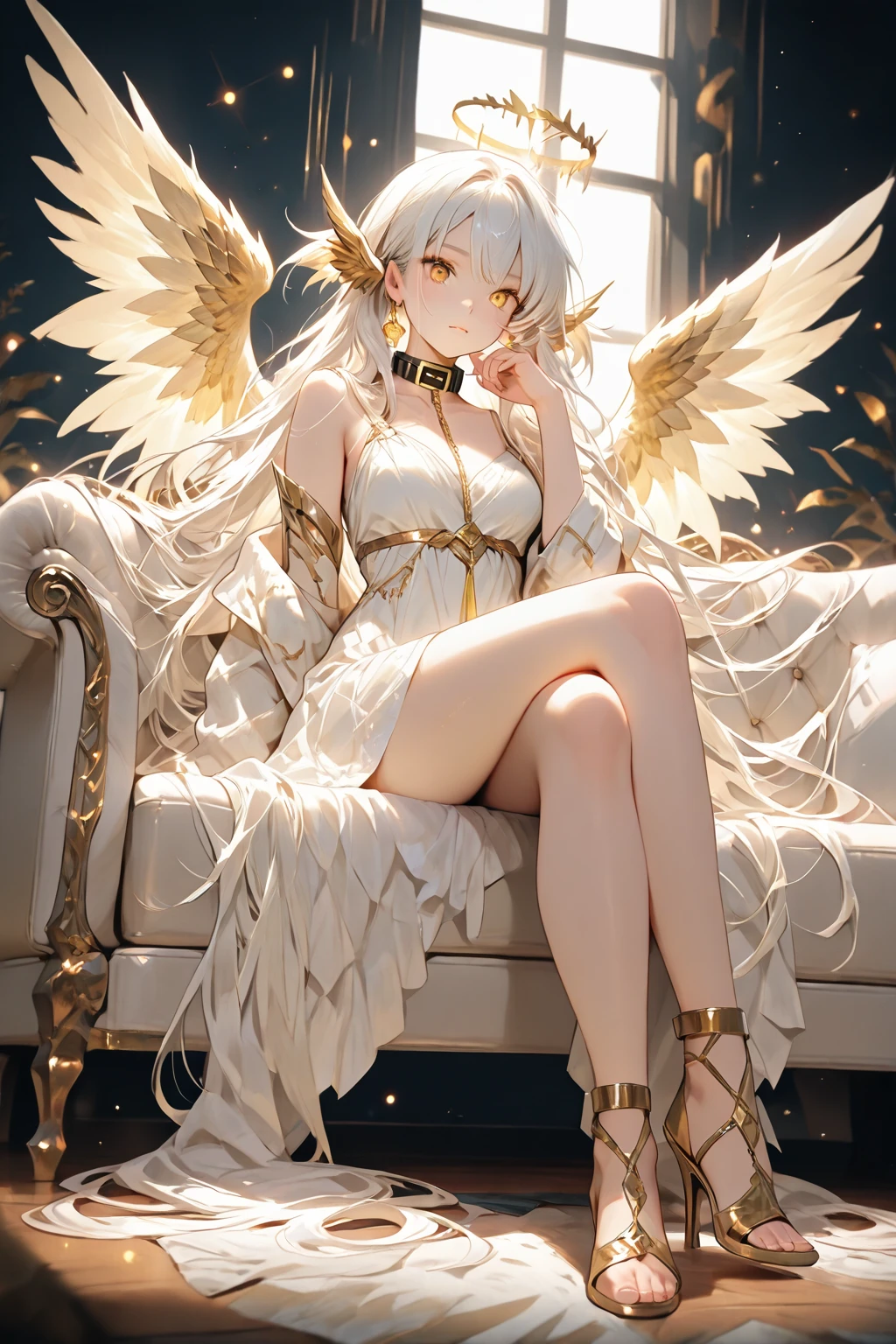 (best quality, 4k, 8k, highres, masterpiece:1.2),
	ultra-detailed,
	detailed face,
	detailed lips and eyes,
	expressive face,
	realistic,
BREAK BLARKY beautiful caucasian woman with very long straight white hair, (yellow eyes:1.4), fair skin, fox girl, animal ear fluff, animal ears, extra ears, fox ears, (fox tail:1.5), bangs, hair between eyes, long sidelocks, large breasts, (age 16-year-old, height 162 cm),
BREAK 1girl,
BREAK (gold on white theme:1.2, priestly gown:1.4, (angel wings:1.4), halo), angelic, angelic expression, dramatic light, ((detailed clothes texture,detailed body shape,detailed skin texture)), low angle, (full moon), (full body), Buddhist priest staff, bent knees,