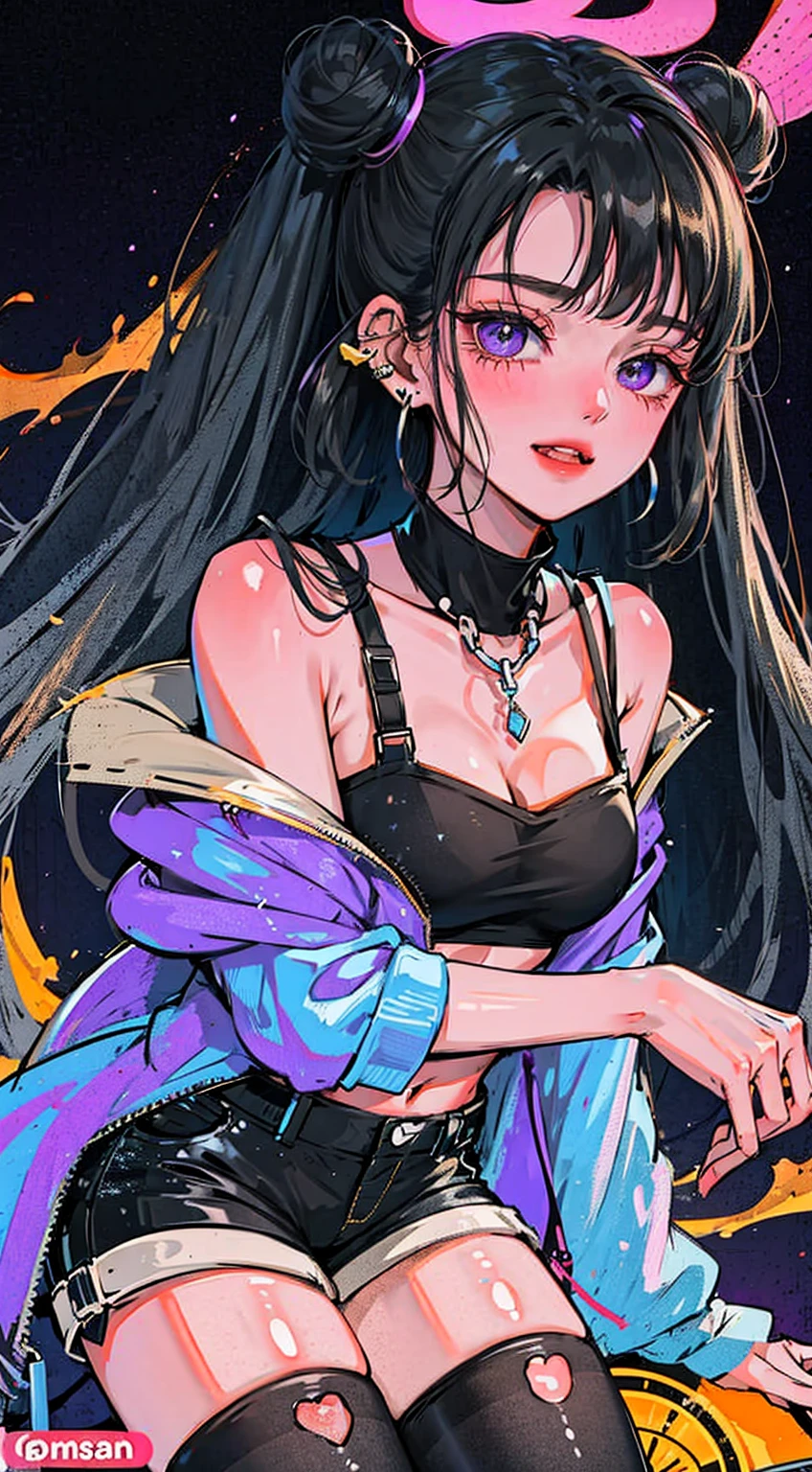 black long hair, blunt bangs,((((Jet black, black hair)))),(ultra-detailed eyes, beautiful and detailed face, detailed eyes: 0.9), ,((full shot)), , longeyelashes, beautiful hair, beautiful face, beautiful detailed eyes, beautiful clavicle, beautiful body, beautiful chest, beautiful thigh, beautiful legs, beautiful fingers, unity 8k wallpaper, anatomically correct, (((masterpiece))), (((best quality))), (((ultra detailed))), (((high-resolution))), ((super fine illustration、thin thighs)),Ultra-detailed photography with great depth of field, detailed eyes, ,small breasts,(((Put your hands on your face、))),(masterpiece,best quality,ultra-detailed),Rainbow , One Girl, alone, Long Hair, (((Big round sunglasses on your head))), View your audience, Glowing Eyes Background, jewelry, Mouth closed, Happy, Jacket, Upper Body, Earrings, necklace, From the side, sweater, lips, eyelash, Compensate, Wavy Hair, Earrings, cross, lipstick, ear Earrings, eye shadow, hoop Earrings, pink lips, Variegated eyes ,eye shadow, tattoo, Dark Background ,sunglasses