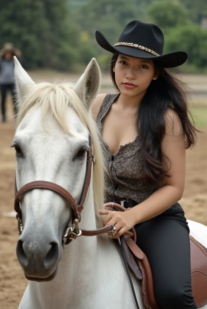 young girl, long black hair, perfect body, on horse, sexy pose, summer clothes