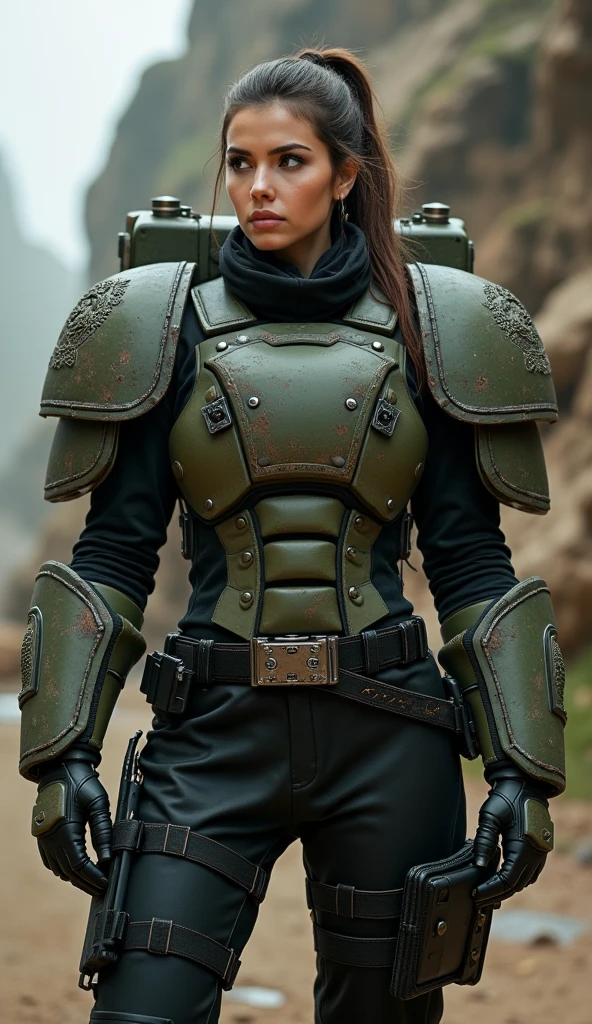 model that looks like zendaya with large  in futuristic full battle army green coloured armour that looks like it was designed by apple, that looks like anime, cyberpunk dystopian sand dunes and 3 moons of different size in the background , fit body, with working lights, wearing futuristic clothing from the movie dune with futuristic armour and weapons , large star wars spaceship in the background,  hi res 4k shot with Hasselblad 907X 50C Medium format camera, light_particles, cinematic pink lighting, dynamic_angle, depth_of_field, bokeh, HDR, 8K, RAW, best_quality, top_quality, hyperrealistic, photorealistic, ultra_detail, ultra_realistic, masterpiece, hi-res, absurd_res, high_quality_photography, source_photo, highly_detailed, very_aesthetic, beautiful, realistic, 